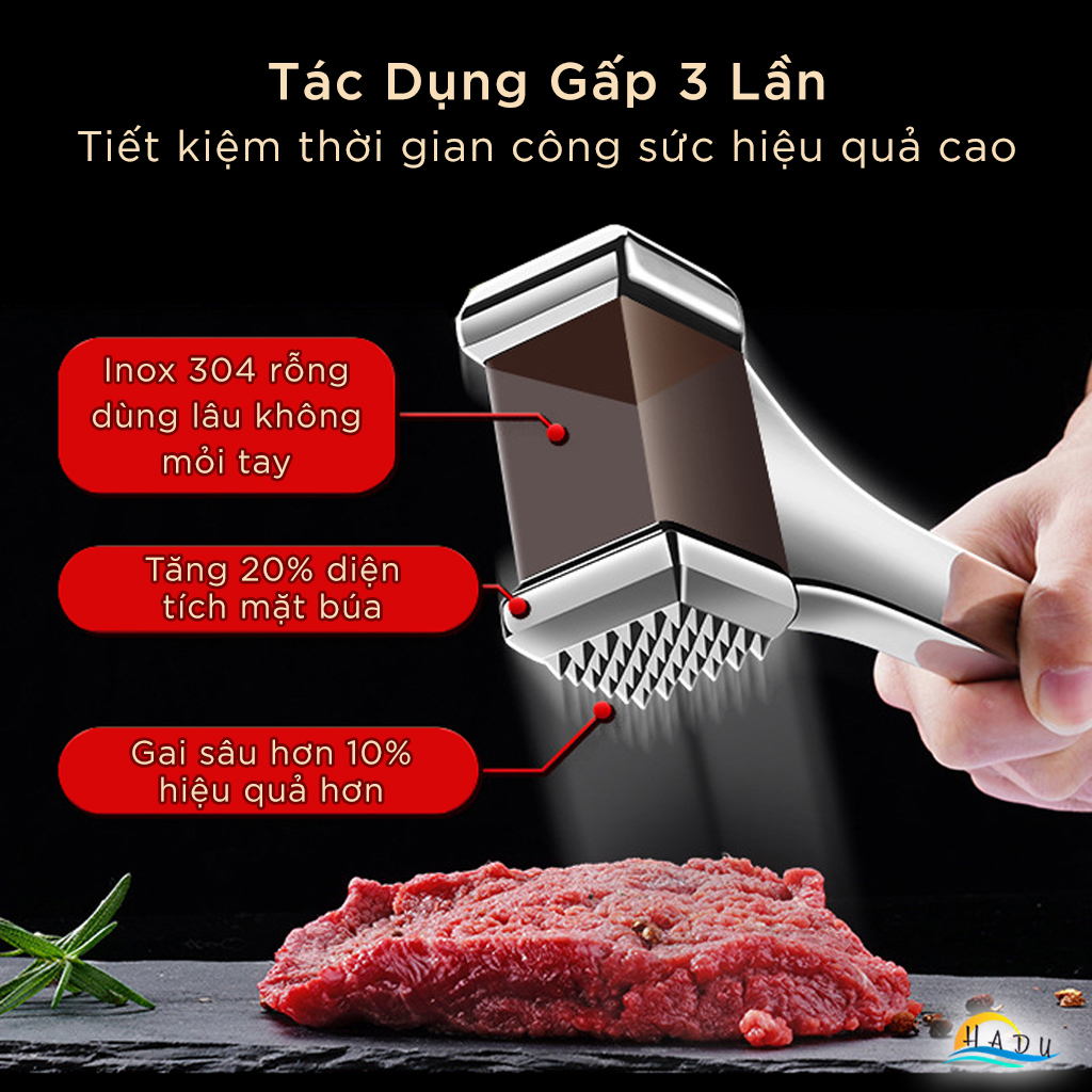 Búa Dập Thịt Inox 304 Cao Cấp – 36 Gai Nhọn, Đầu Rỗng Giảm Trọng Lượng, Móc Treo Tiện Lợi, Đạt Tiêu Chuẩn LFGB Đức SSGP