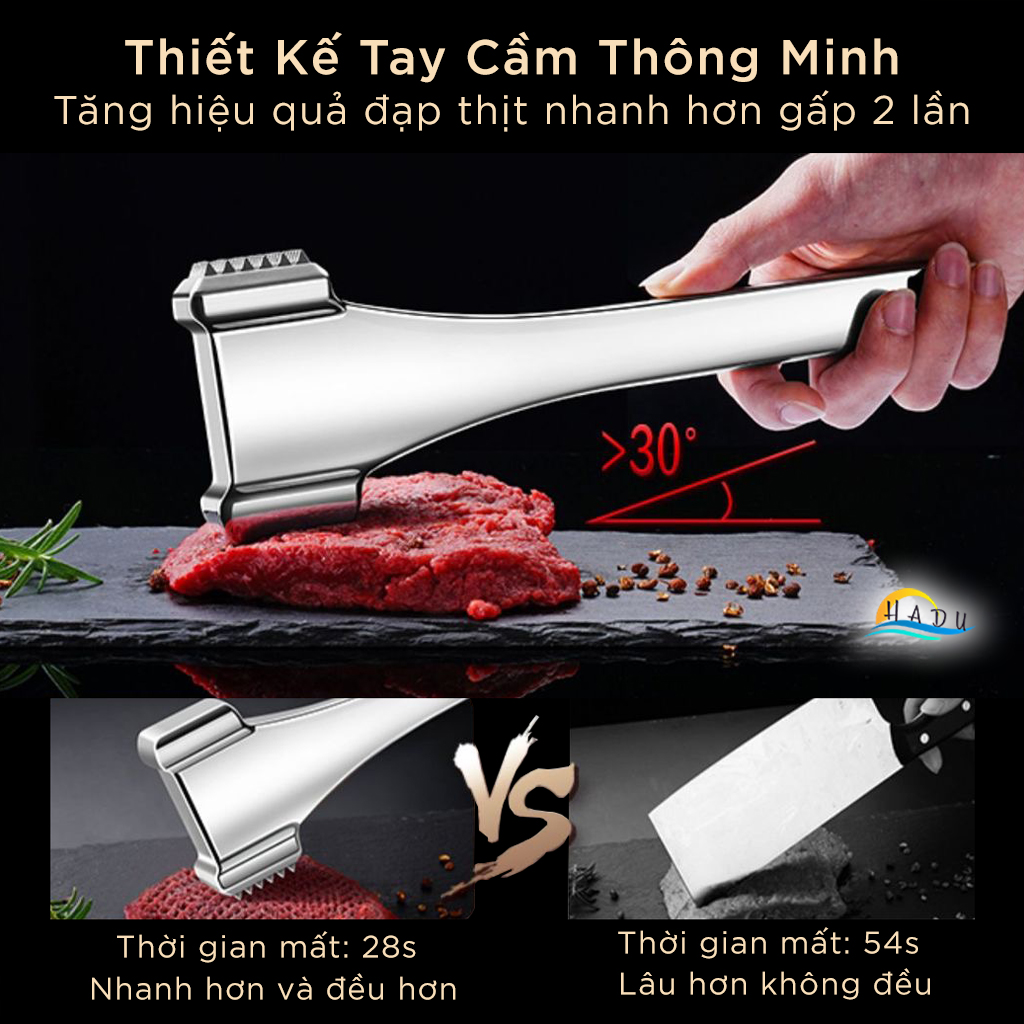 Búa Dập Thịt Inox 304 Cao Cấp – 36 Gai Nhọn, Đầu Rỗng Giảm Trọng Lượng, Móc Treo Tiện Lợi, Đạt Tiêu Chuẩn LFGB Đức SSGP