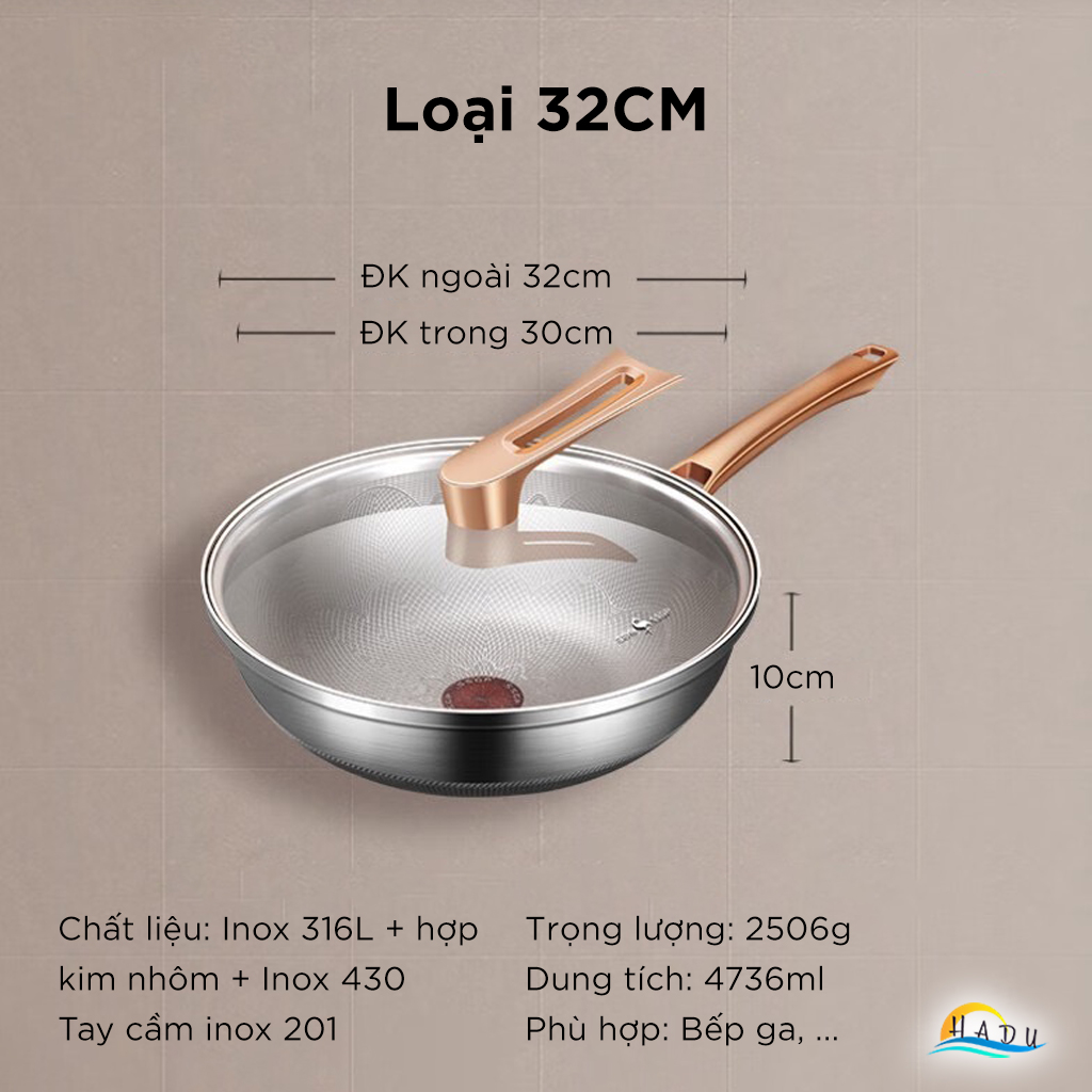 Chảo Tổ Ong Inox 316L Chống Xước SSGP 32cm, Phủ Titanium, Đáy 3 Lớp, Đạt Chất Lượng LFGB Đức