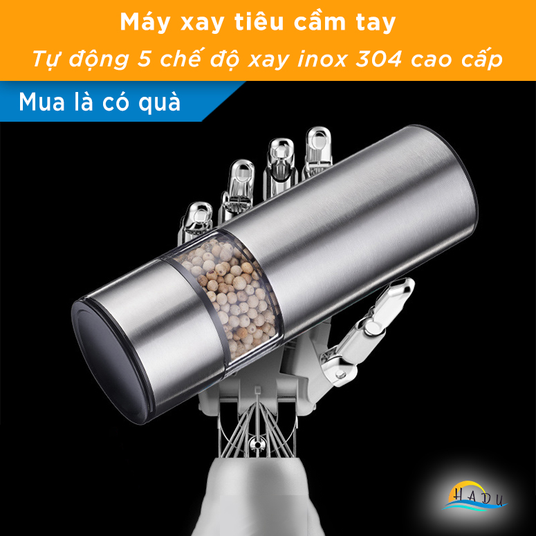 Máy xay tiêu cầm tay bằng pin inox 304 cao cấp 5 chế độ xay có đèn LED vàng SSGP