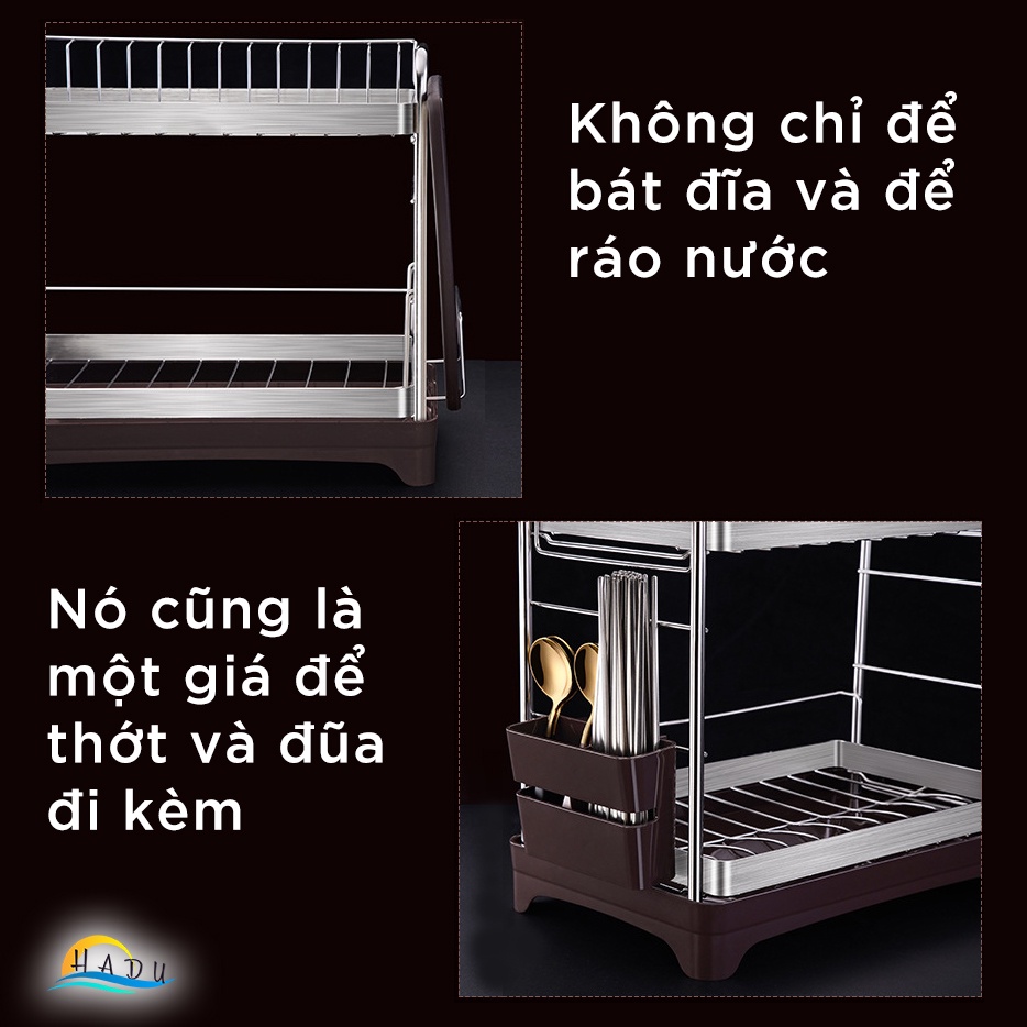Kệ Úp Bát Đĩa 2 Tầng Inox 304 SSGP, Van Thoát Nước Xoay 360°, Kèm Giá Đựng Đũa, Thớt, Đạt Chất Lượng LFGB Đức