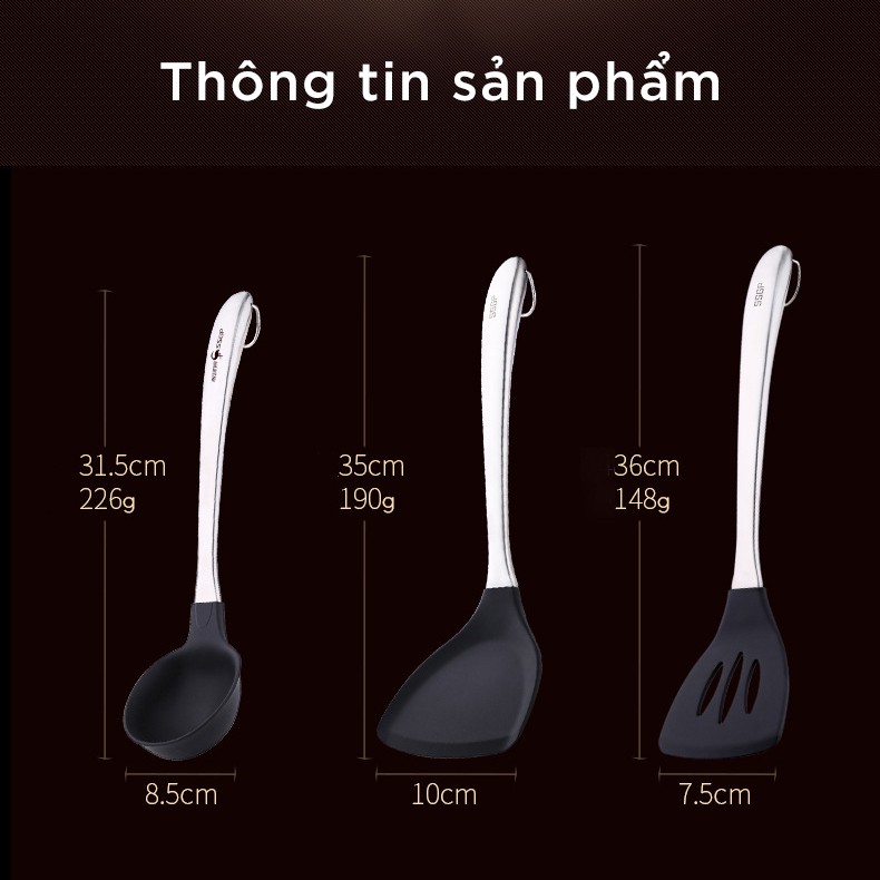 Dụng Cụ Nấu Ăn SSGP, Đầu Silicone, Cán Inox 304, An Toàn Cho Chảo Chống Dính, Đạt Chất Lượng LFGB Đức