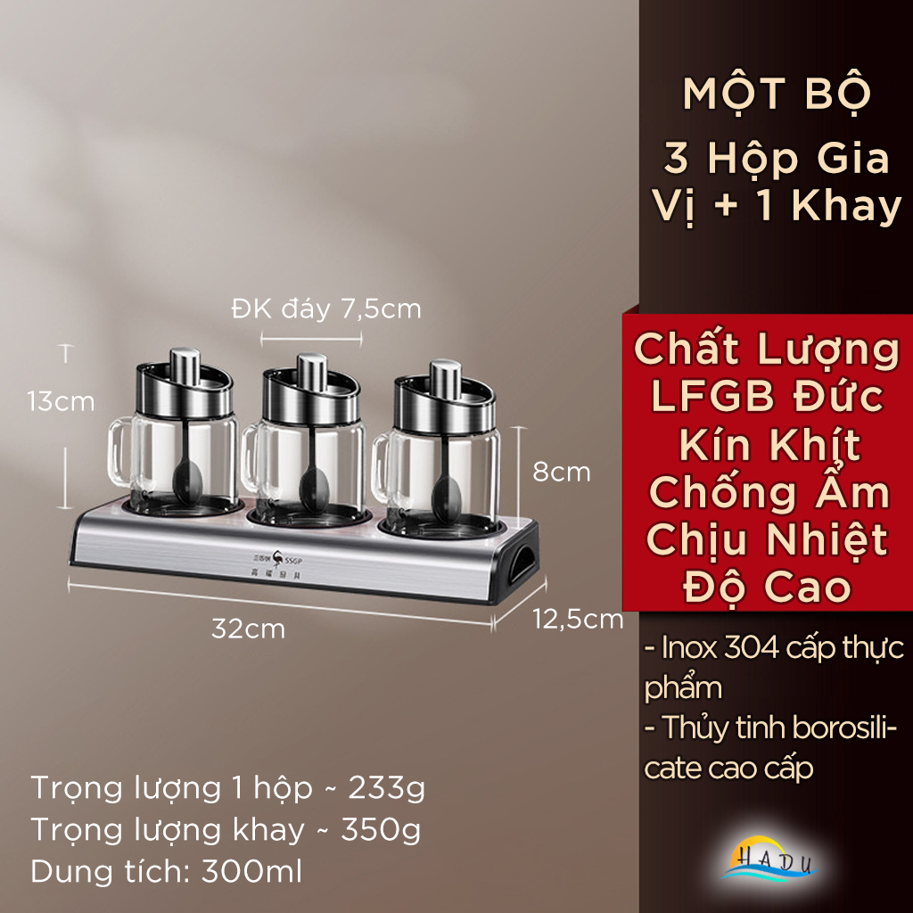 Bộ 3 Hũ Đựng Gia Vị Thủy Tinh SSGP, Nắp Kèm Thìa Inox 304, Chống Ẩm, Có Khay, Đạt Chất Lượng LFGB Đức