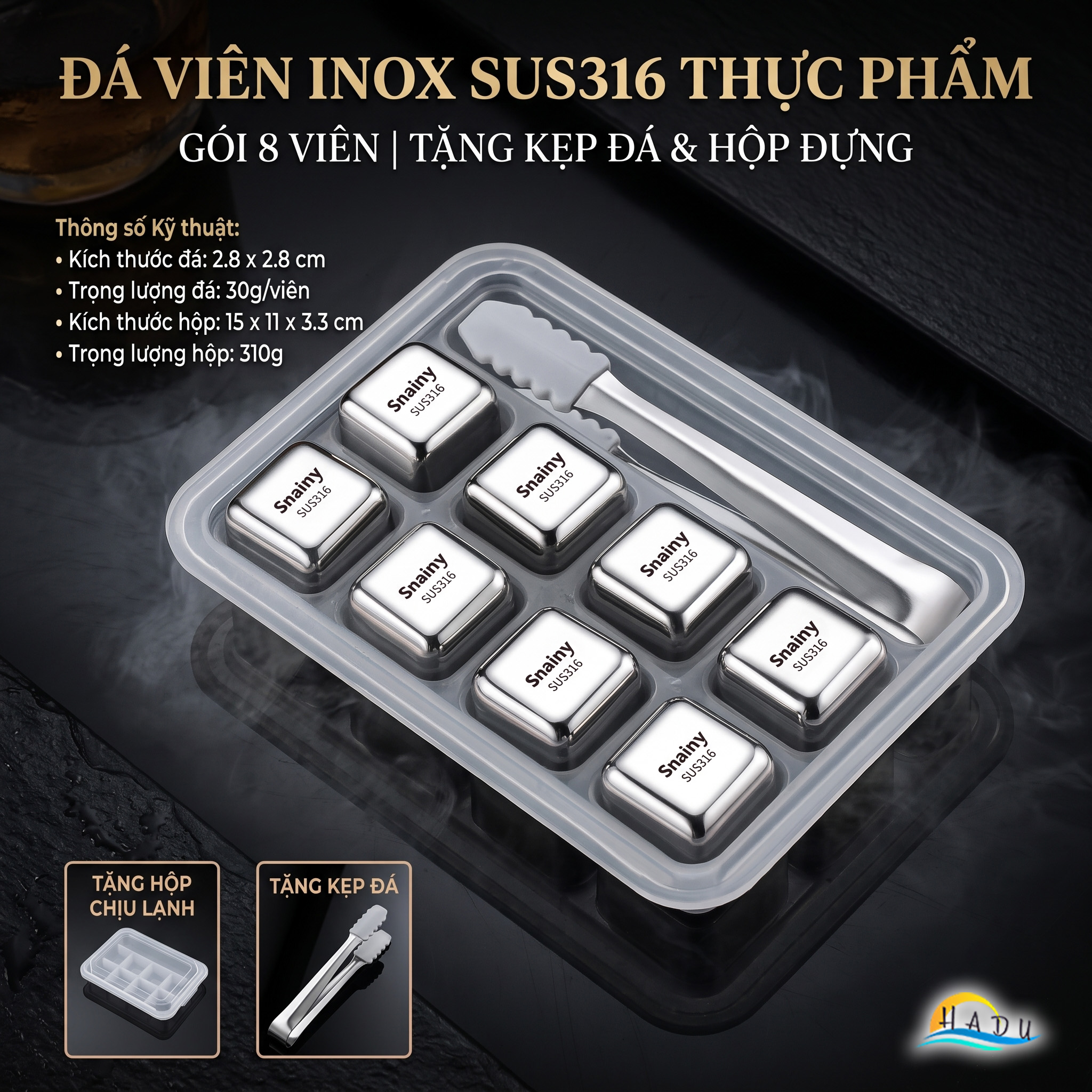 Đá Lạnh Vĩnh Cửu Inox 316 Cao Cấp Kháng Khuẩn Không Tan Làm Loãng Vị Đồ Uống Snainy