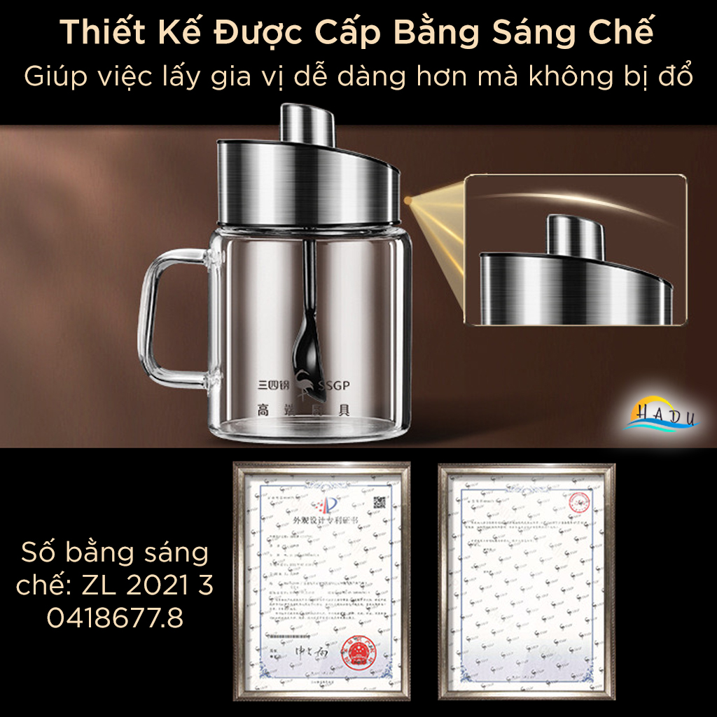 Bộ 3 Hũ Đựng Gia Vị Thủy Tinh SSGP, Nắp Kèm Thìa Inox 304, Chống Ẩm, Có Khay, Đạt Chất Lượng LFGB Đức