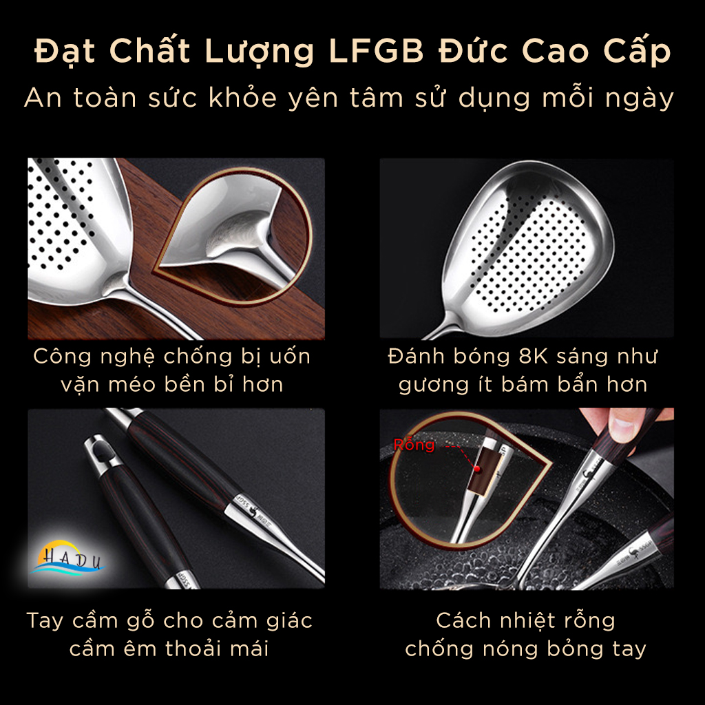 Xẻng Xào Nấu Inox 316L SSGP, Cán Gỗ Chống Nóng, Kháng Khuẩn, Dài 38cm, Đạt Chất Lượng LFGB Đức