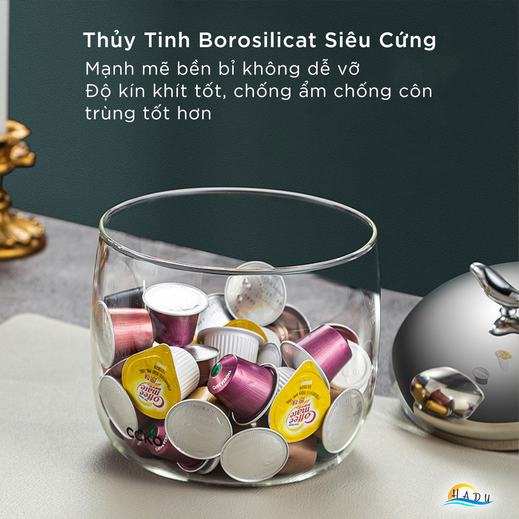 Hũ Đựng Bánh Kẹo Thủy Tinh Borosilicate CCKO 2.2L, Nắp Inox 304 Hình Con Chim