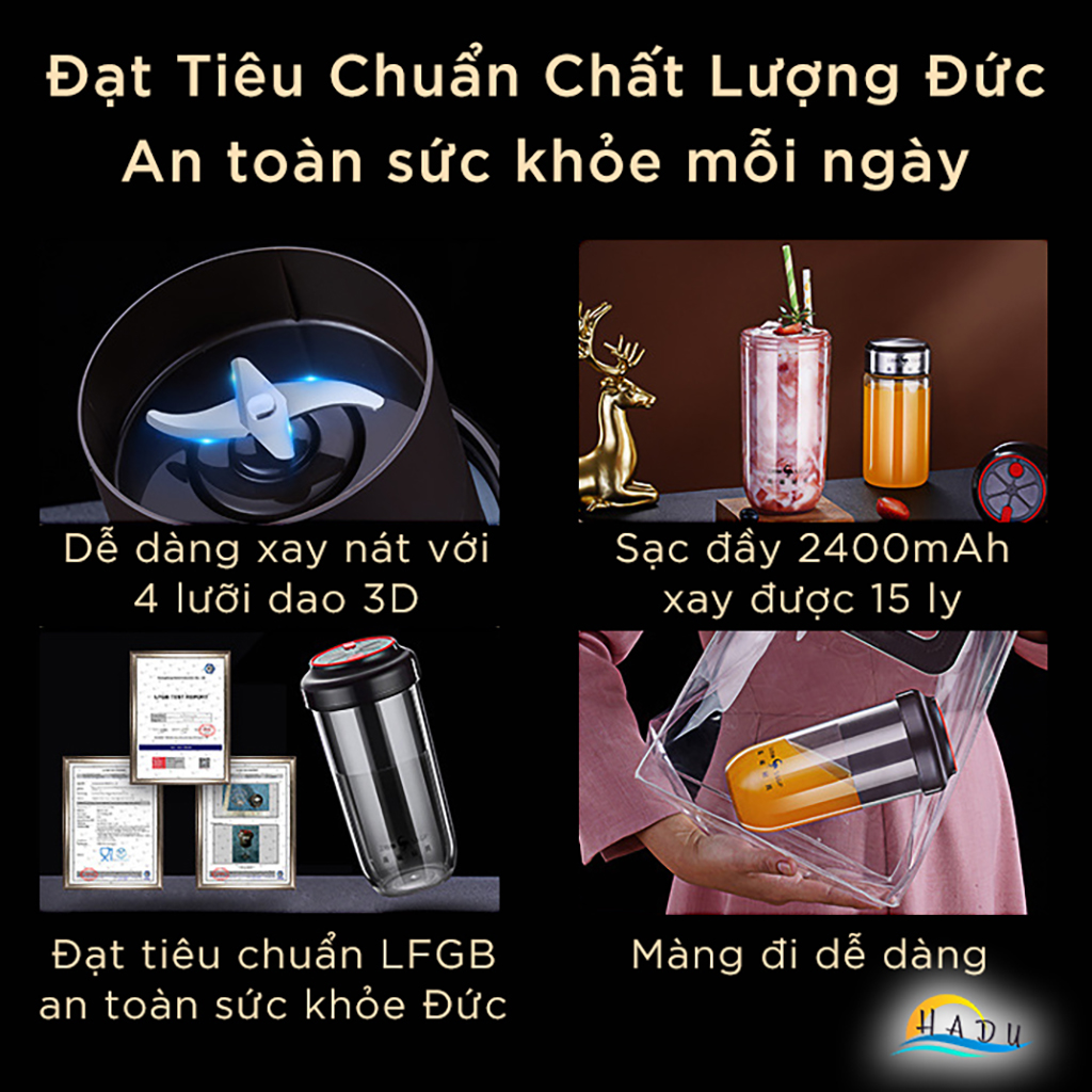 Máy Xay Sinh Tố Cầm Tay Mini – Động Cơ Mạnh Mẽ, Pin 2400mAh, Ly Thủy Tinh Borosilicat Cao Cấp, An Toàn LFGB Đức SSGP