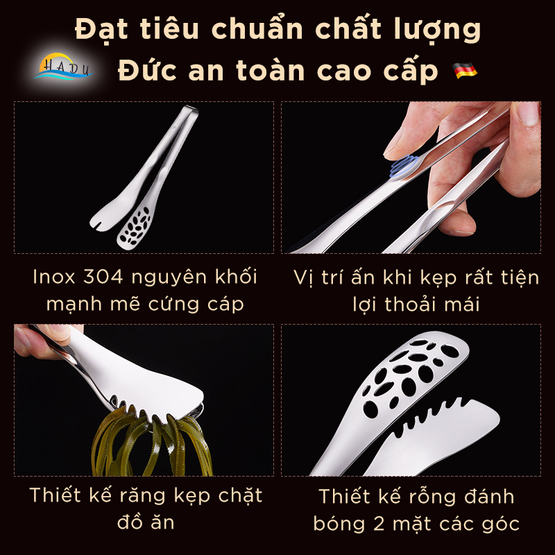 Kẹp Gắp Thức Ăn Inox 304 SSGP, Đầu Răng Cưa Chống Trượt, Có Lỗ Thoát Dầu, Dài 25cm, Đạt Chất Lượng LFGB Đức