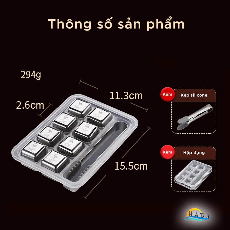 Bộ Viên Đá Lạnh Vĩnh Cửu Inox 304 SSGP, Không Tan, Kèm Kẹp Gắp và Khay Đựng, Đạt Chất Lượng LFGB Đức