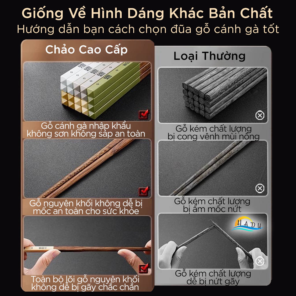 Bộ 5 Đôi Đũa Gỗ Cánh Gà SSGP, Chống Mốc, Chống Trơn, Dài 24cm, Không Sơn, Đạt Chất Lượng LFGB Đức