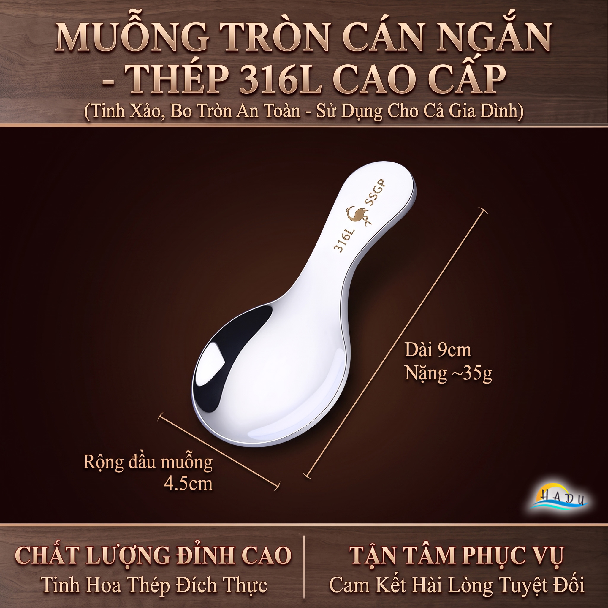 Muỗng Thìa Inox 316L Cán Ngắn Cao Cấp Kháng Khuẩn Dày Dặn Bo Tròn Đạt Chất Lượng LFGB Đức SSGP