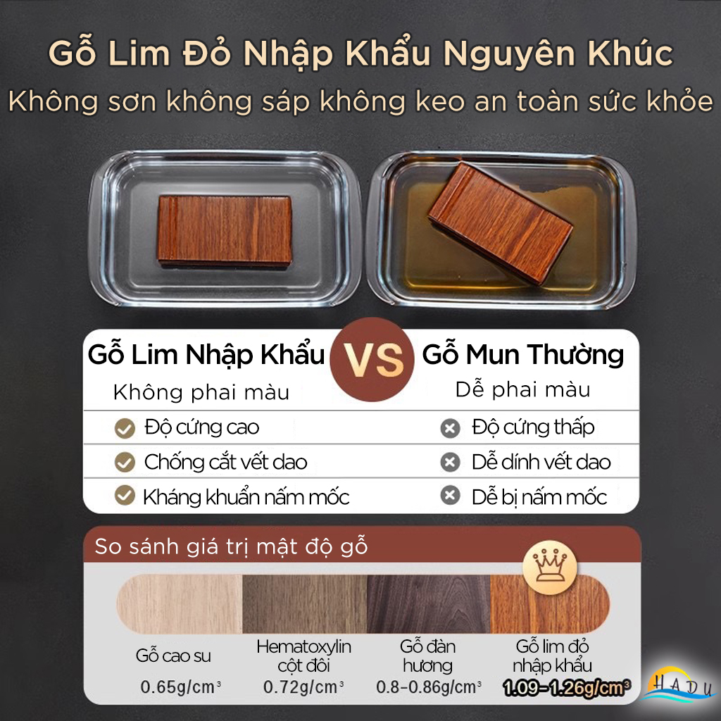 Thớt Gỗ Lim Đỏ SSGP Kiểu Nhật, Chống Mốc, Kháng Khuẩn Tự Nhiên, Đạt Chất Lượng LFGB Đức