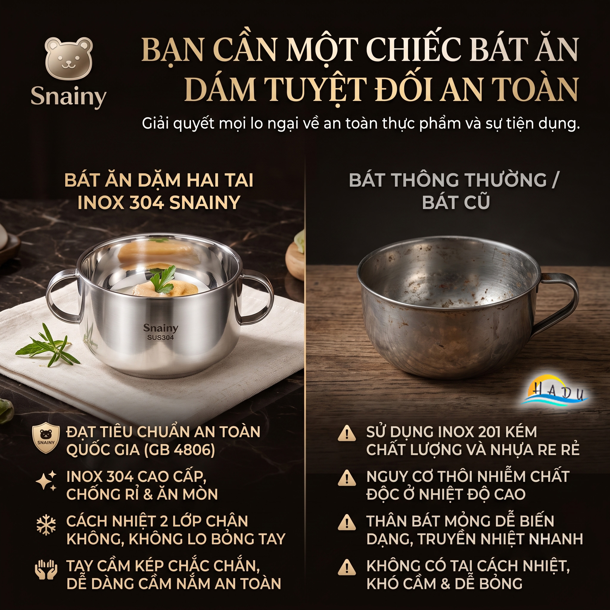 Bát Tô Chén Ăn Dặm Inox 304 Hai Quai Cách Nhiệt Chân Không Chống Nóng Cho Bé Snainy