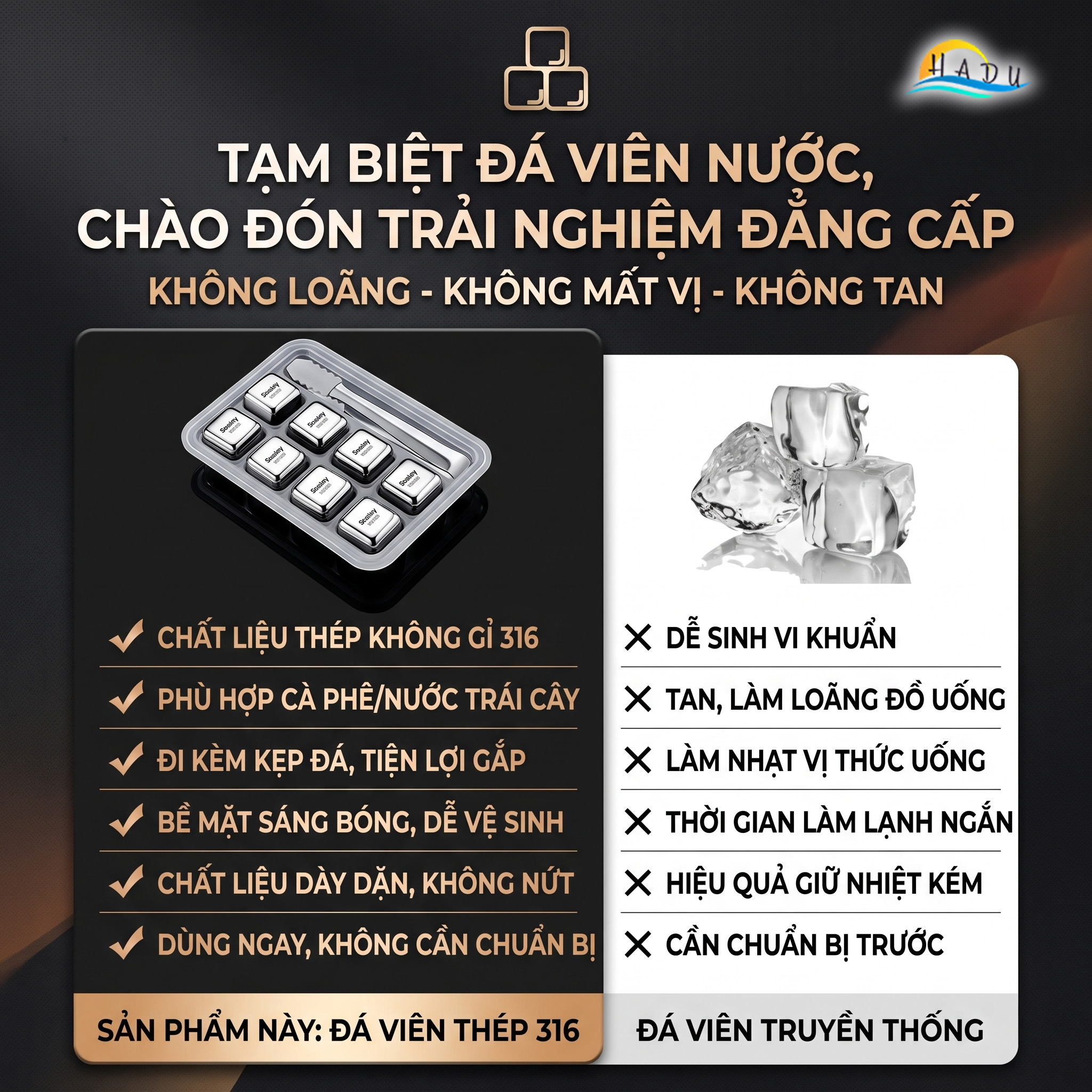 Đá Lạnh Vĩnh Cửu Inox 316 Cao Cấp Kháng Khuẩn Không Tan Làm Loãng Vị Đồ Uống Snainy