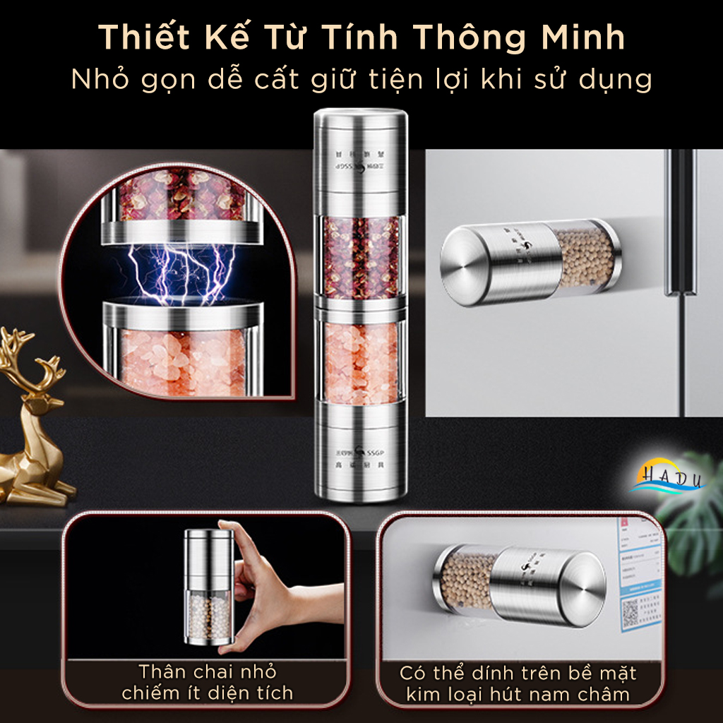 Dụng Cụ Xay Tiêu Từ Tính SSGP, Lõi Gốm, Thân Inox 304, Dính Tủ Lạnh, Cao 11.5cm, Đạt Chất Lượng LFGB Đức