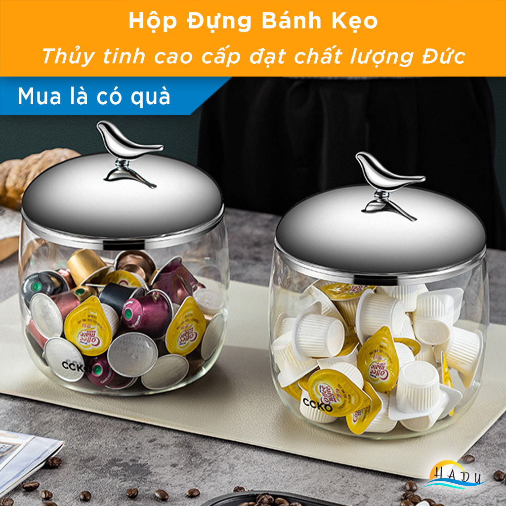 Hũ Đựng Bánh Kẹo Thủy Tinh Borosilicate CCKO 2.2L, Nắp Inox 304 Hình Con Chim