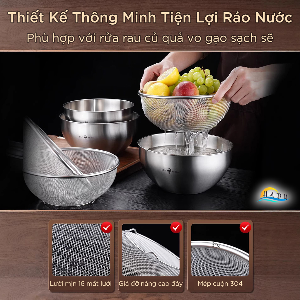 Rổ Inox Lưới Vo Gạo Inox 304 Cao Cấp SSGP, Chậu Inox Rửa Rau Kháng Khuẩn Đạt Chất Lượng LFGB Đức