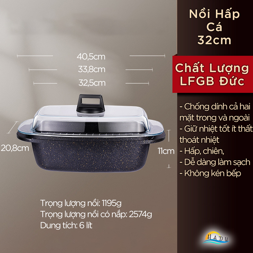 Nồi Hấp Cá Nguyên Con Hình Bầu Dục Cách Thủy Chống Dính 32cm Cao Cấp Đạt Chất Lượng LFGB Đức SSGP