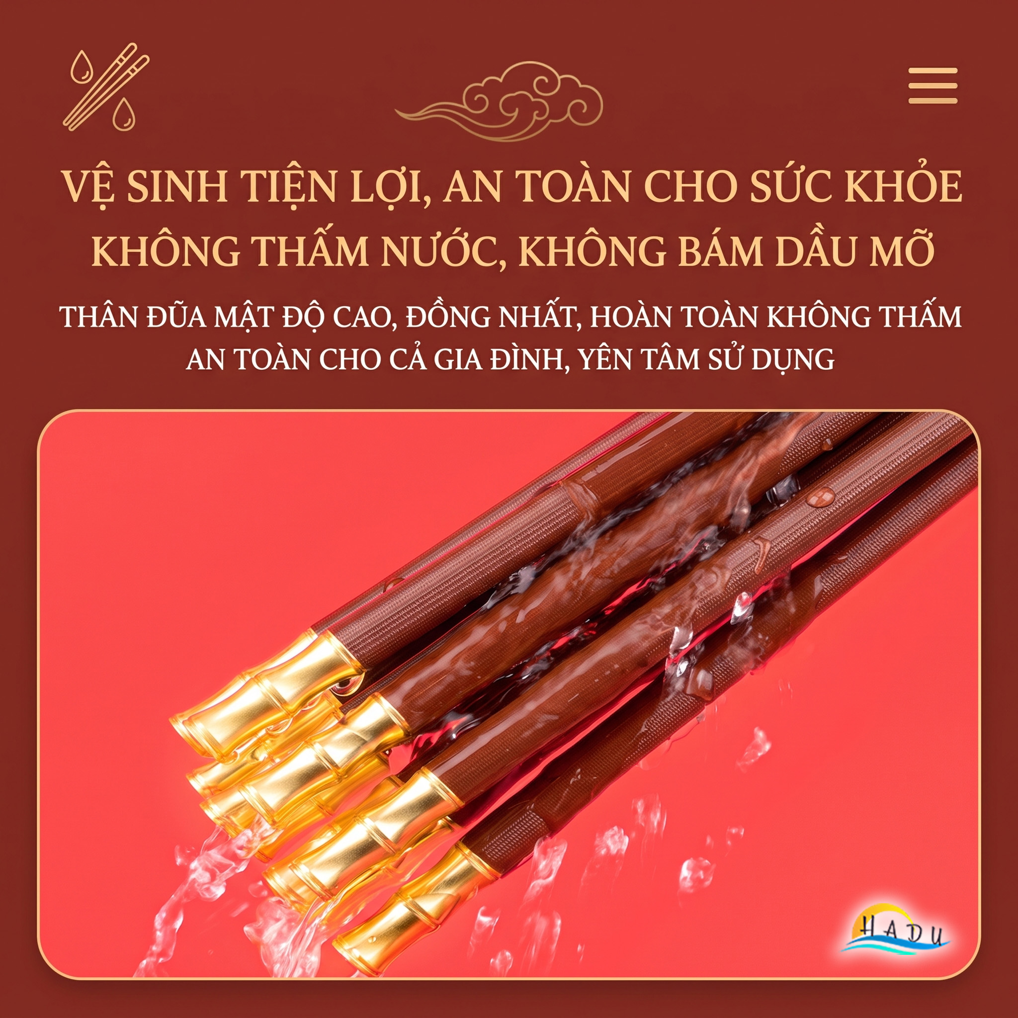 Đũa Gỗ Ăn Cơm Cao Cấp Khảm Tre Vàng Sang Trọng Chống Trượt Chịu Nhiệt Không Ẩm Mốc An Toàn HADU