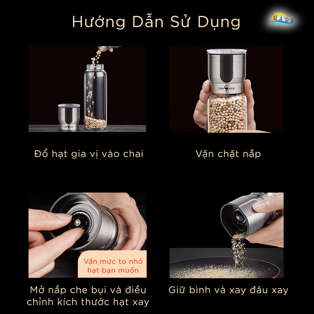 Cối Lọ Xay Tiêu Cầm Tay Thủy Tinh Inox Cao Cấp Đạt Chất Lượng Đức SSGP