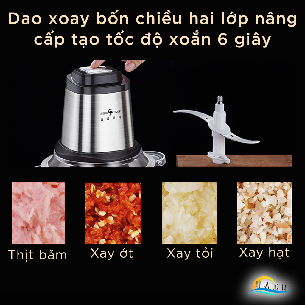 Máy Xay Thịt Cầm Tay Inox 304 Cao Cấp – Dung Tích 2L, Công Suất 400W, Lưỡi Dao Sắc Bén, An Toàn Sức Khỏe SSGP
