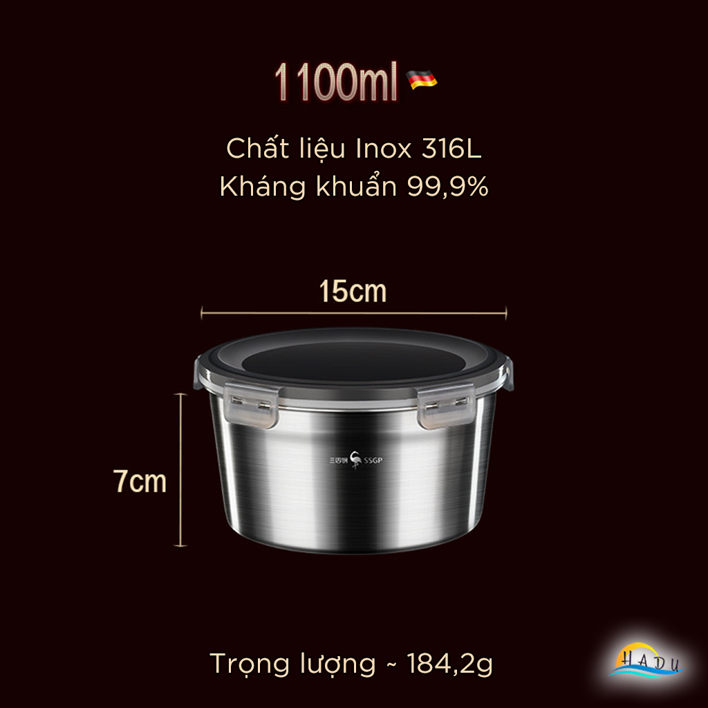 Hộp Đựng Thực Phẩm Inox 316L SSGP, Dùng Được Bếp Từ, Chống Rò Rỉ, Đạt Chất Lượng LFGB Đức
