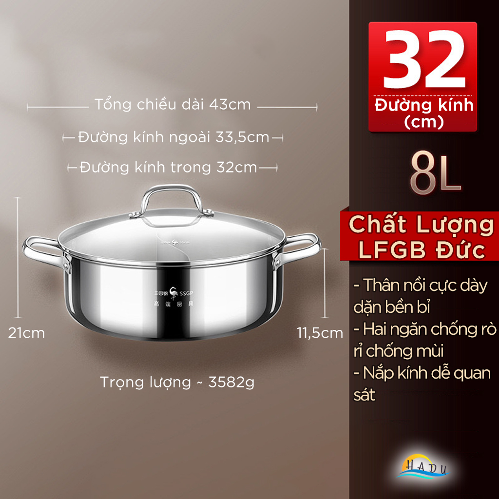 Nồi Lẩu 2 Ngăn Inox 304 Cao Cấp Dung Tích 8L – Đạt Chuẩn LFGB Đức, Phù Hợp Bếp Từ và Bếp Ga SSGP
