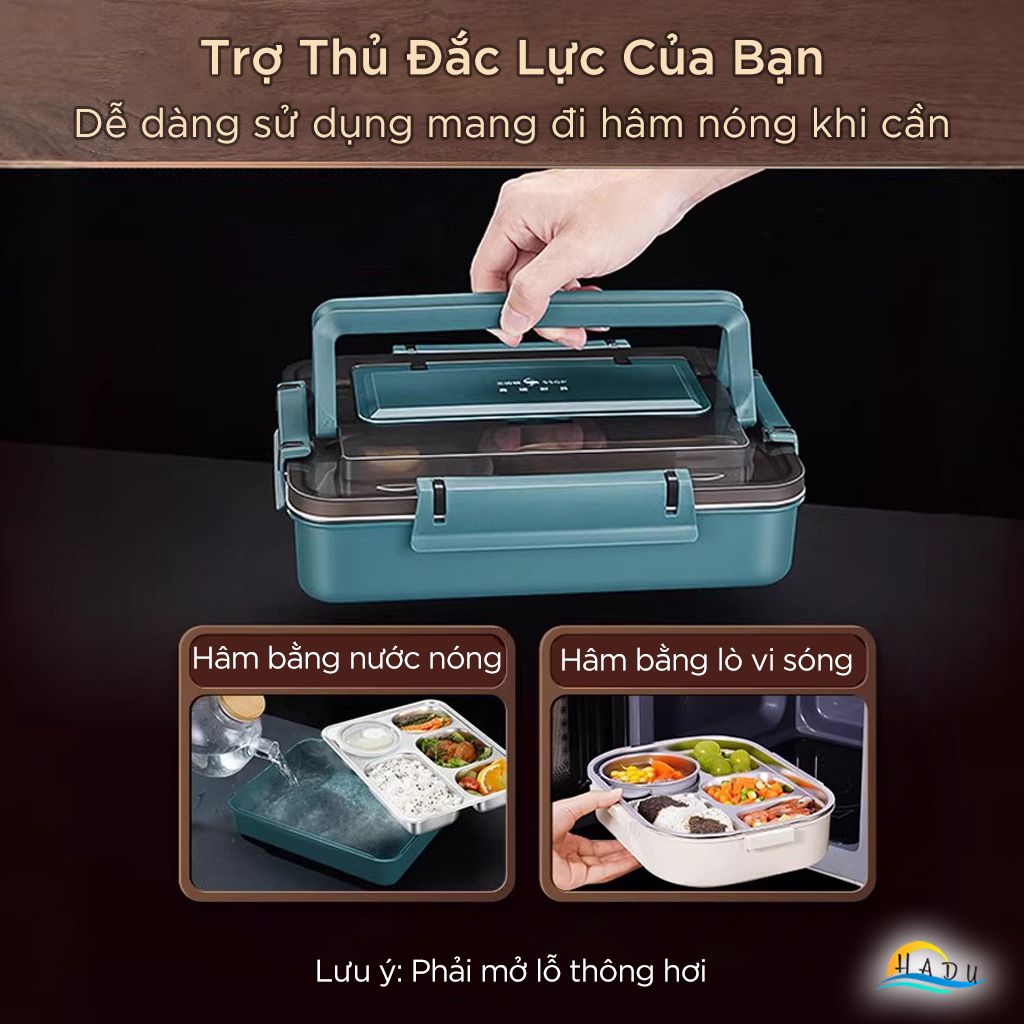 Hộp Cơm Văn Phòng Inox 316L SSGP 4 Ngăn, Hộp Đựng Cơm Quay Lò Vi Sóng Kèm Túi Giữ Nhiệt, Bát Canh