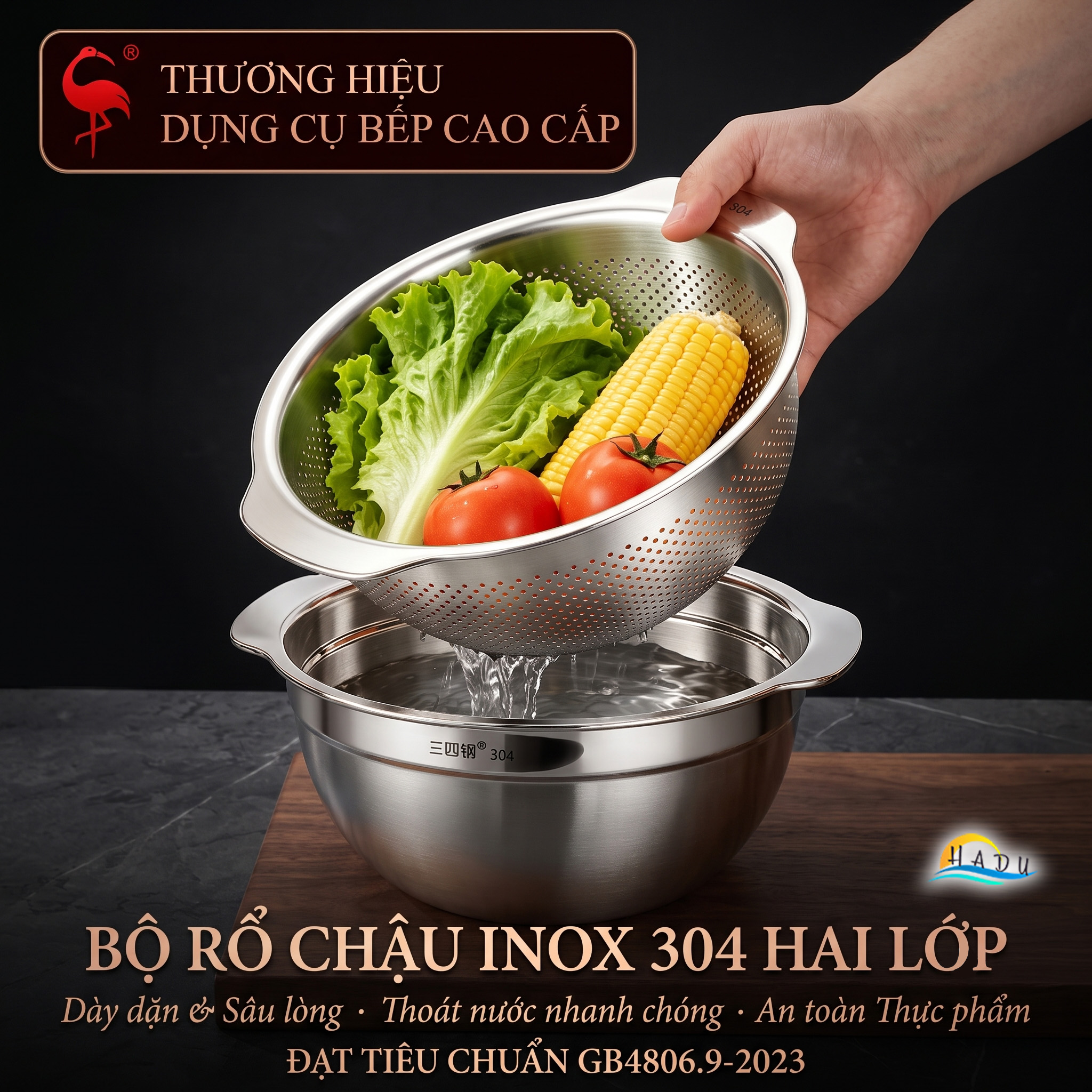 Bộ Rổ Chậu Thau Inox 304 Cao Cấp Dày Dặn Đa Năng Rửa Rau Vo Gạo Trộn Bột 25cm 27cm SSGP