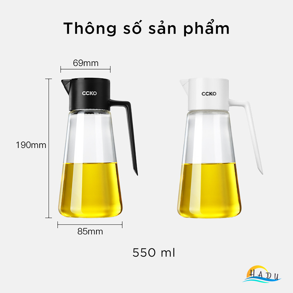 Bình Rót Dầu Ăn Thủy Tinh Borosilicate CCKO 550ml, Vòi Chống Nhỏ Giọt, Nắp Bật, Nhiều Màu