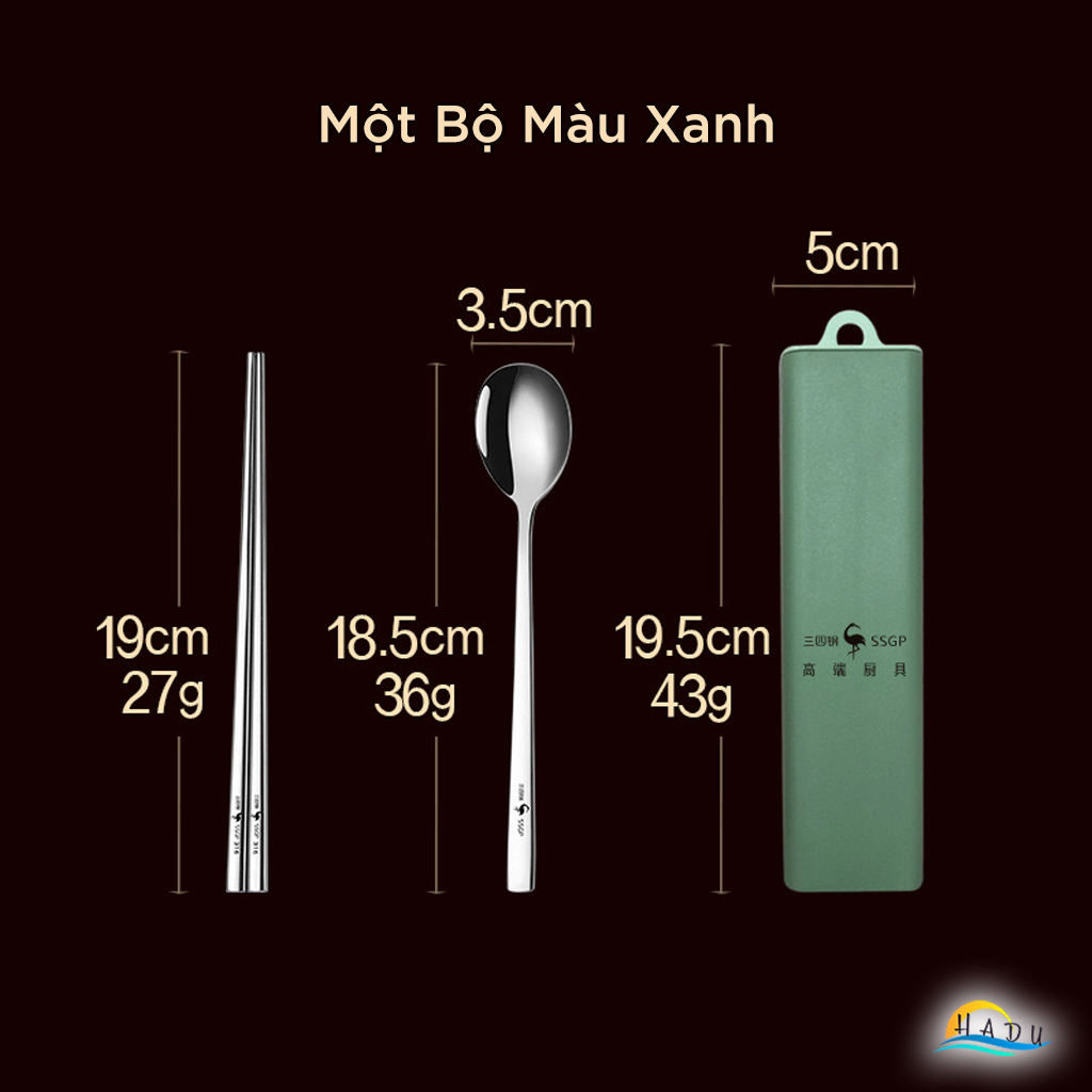 Bộ Thìa Dĩa Du Lịch SSGP Inox 316L, Kèm Hộp Đựng Màu Xanh, Kháng Khuẩn, Đạt Chất Lượng LFGB Đức