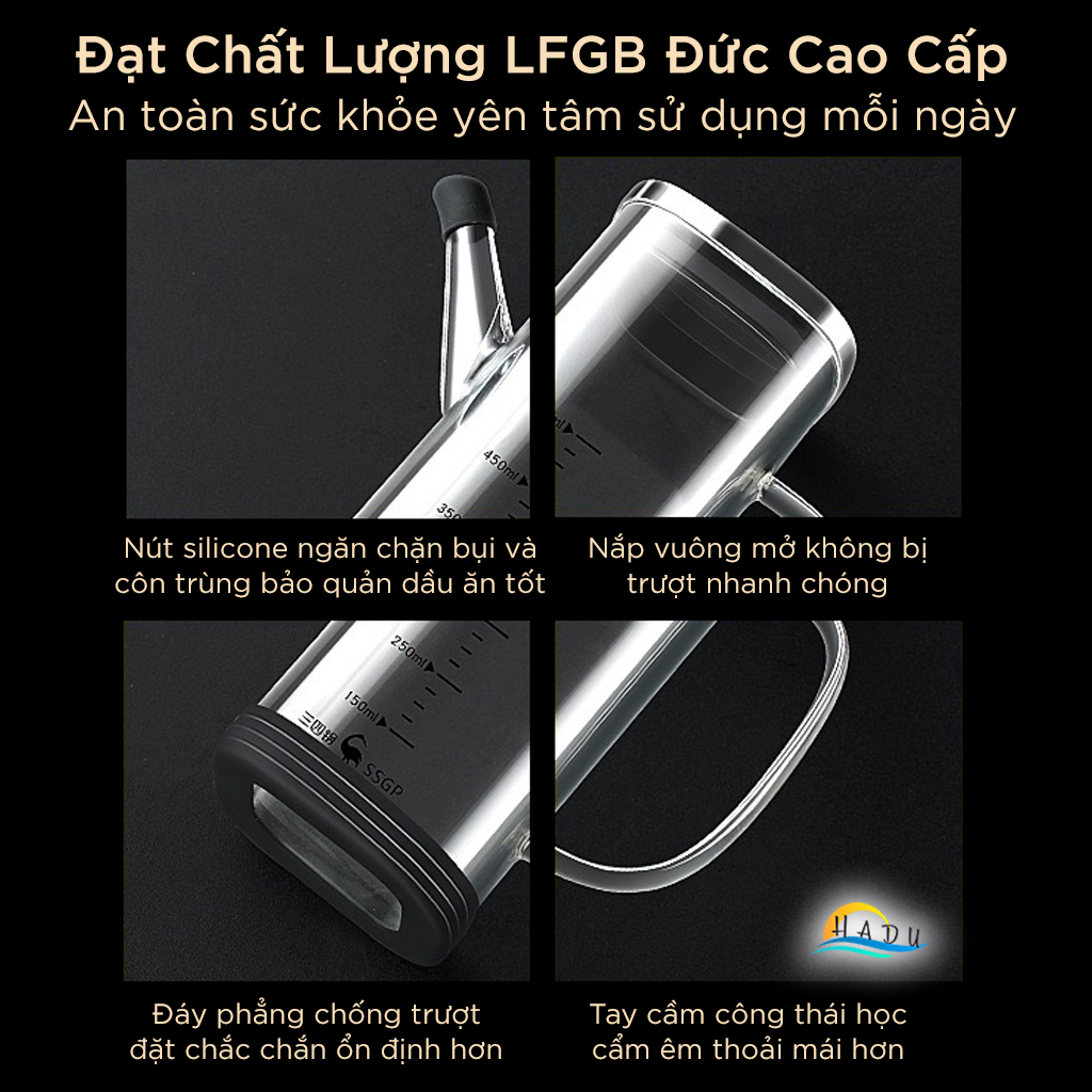 Bình Rót Dầu Ăn Thủy Tinh SSGP 550ml, 750ml Chống Rò Rỉ, Có Vạch Chia, Đạt Chất Lượng LFGB Đức