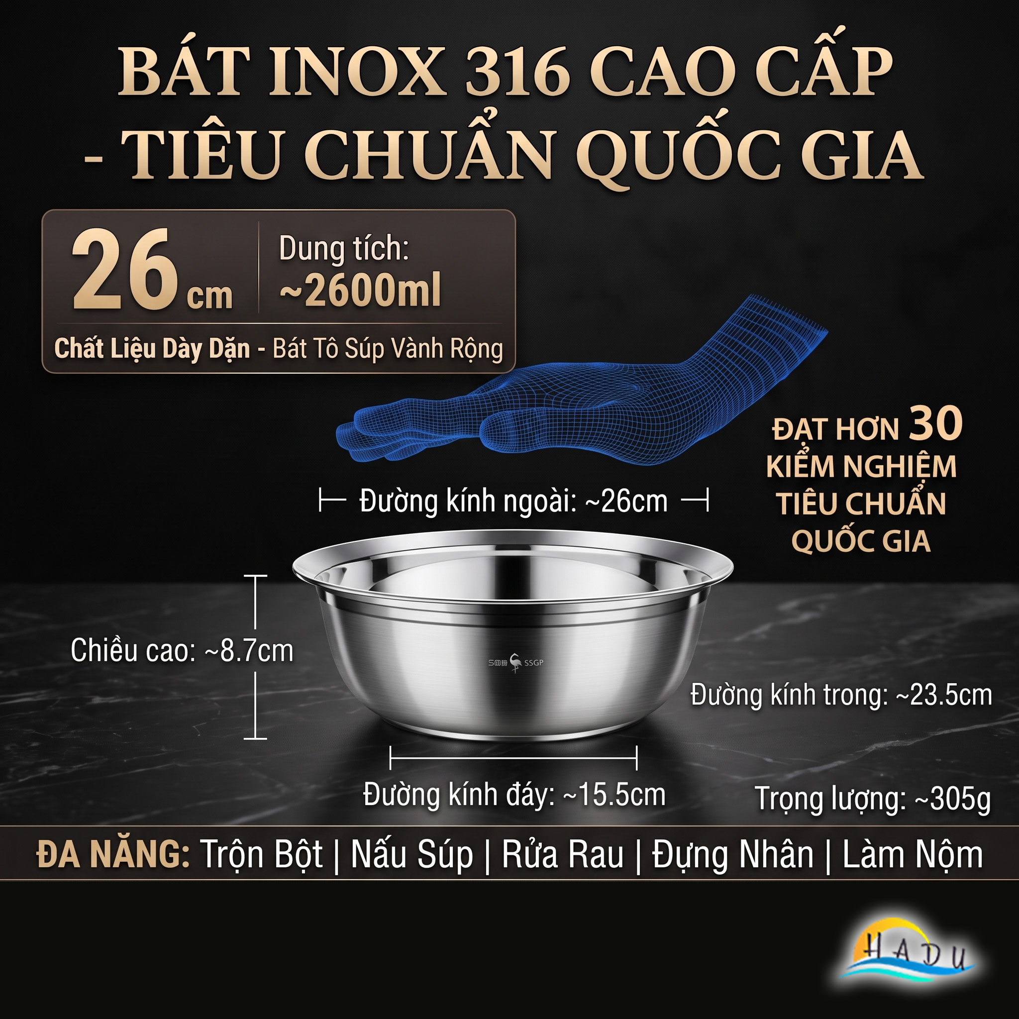 Thau Bát Tô Chậu Inox 316 Cao Cấp Chống Trào Đa Năng Dày Dặn Dùng Được Bếp Từ Bếp Gas SSGP