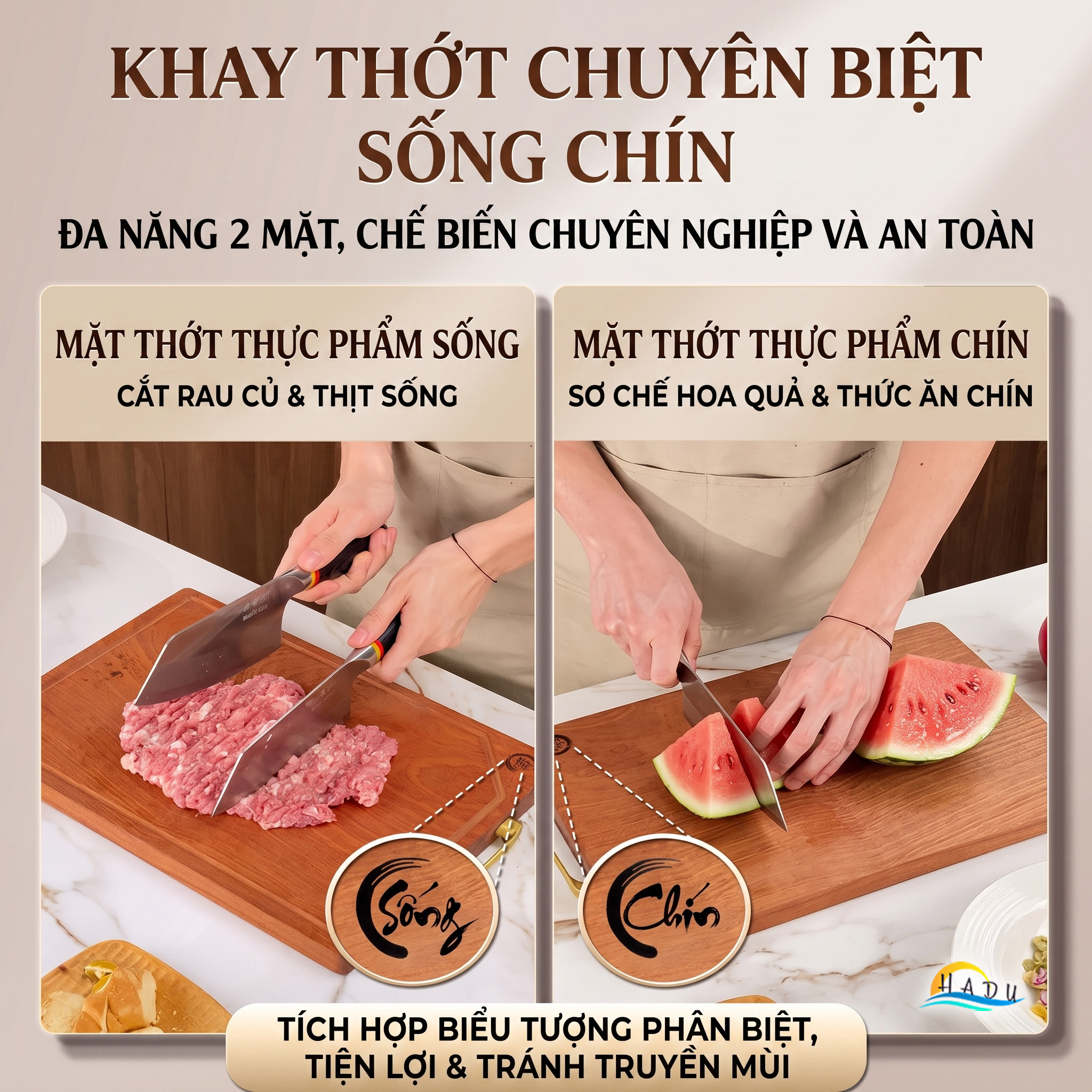 Thớt Gỗ Mun Cao Cấp Nguyên Khối Không Sơn Ghép Phân Biệt Sống Chín Đạt Chất Lượng LFGB Đức SSGP