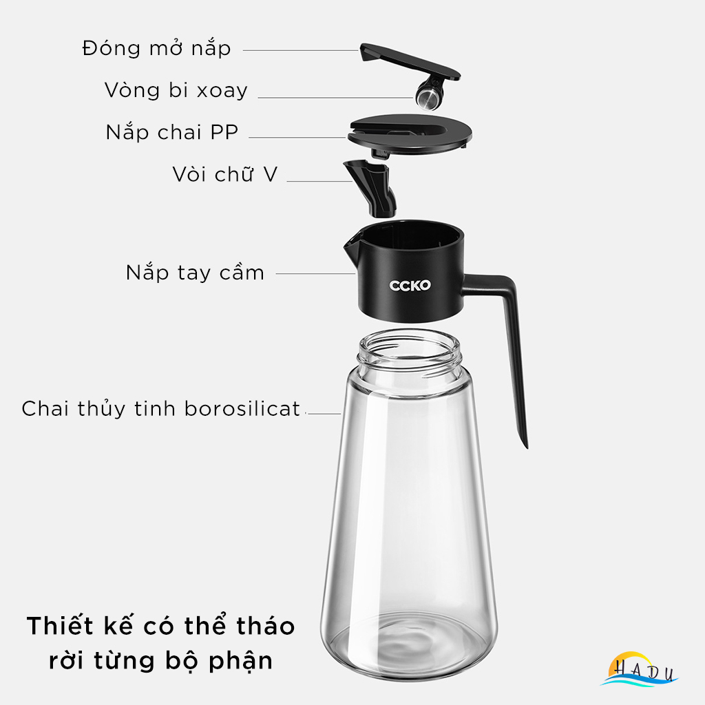 Bình Rót Dầu Ăn Thủy Tinh Borosilicate CCKO 550ml, Vòi Chống Nhỏ Giọt, Nắp Bật, Nhiều Màu