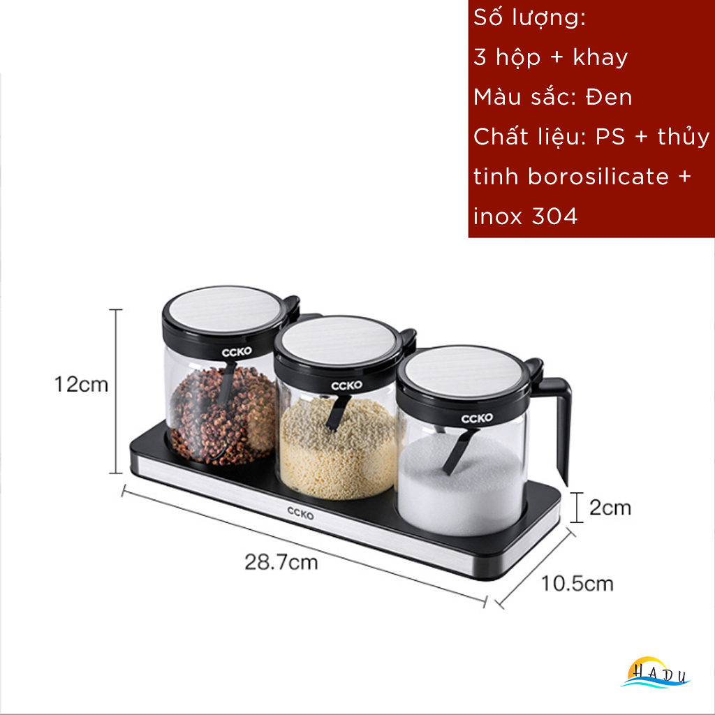 Bộ 3 Hũ Đựng Gia Vị Thủy Tinh CCKO, Nắp Vỏ Sò, Kèm Thìa và Khay