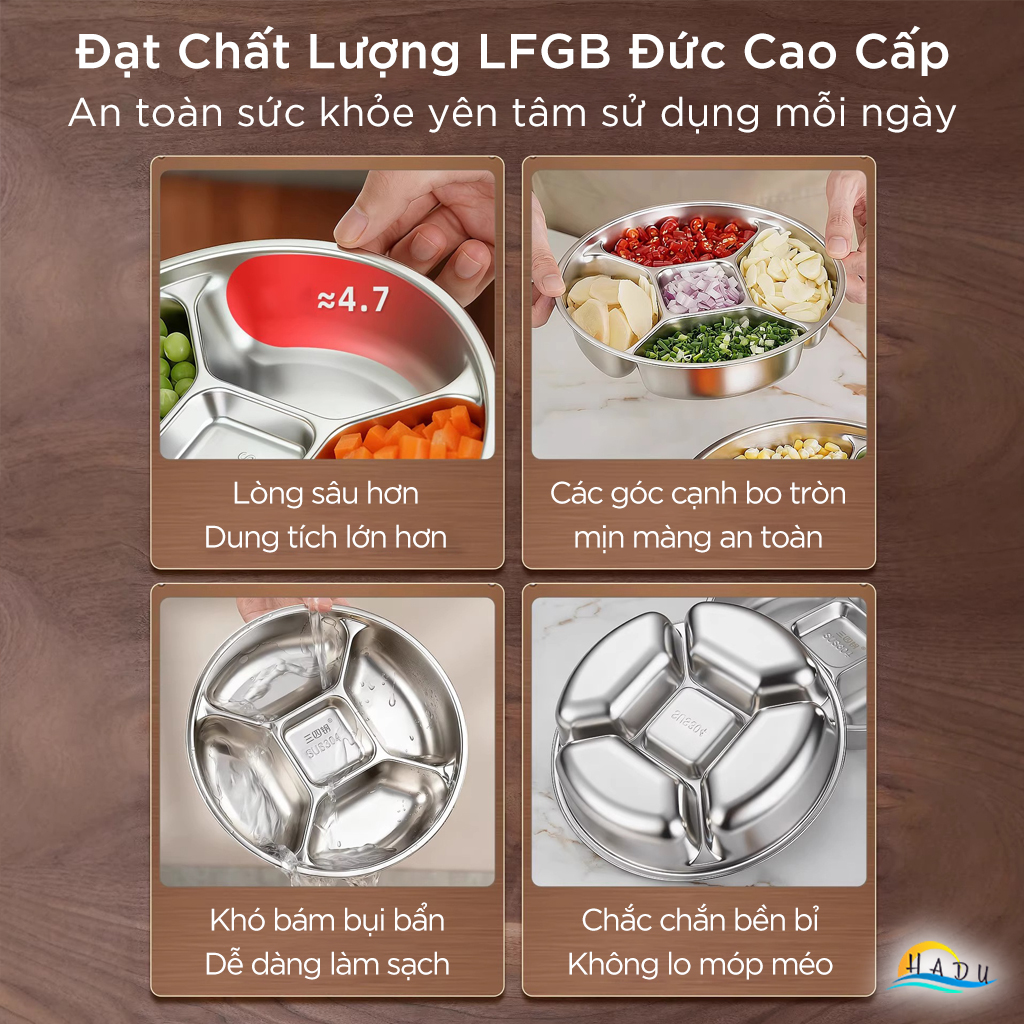 Khay Inox 304 Chia 5 Ngăn Cao Cấp SSGP, Đĩa Đựng Gia Vị Chuẩn Bị Nguyên Liệu Nấu Ăn Đạt Chất Lượng LFGB Đức