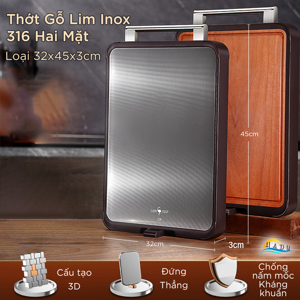 Thớt 2 Mặt SSGP Inox 316 và Gỗ Lim Kháng Khuẩn, 29x41x3cm, 32x45x3cm Đạt Chất Lượng LFGB Đức