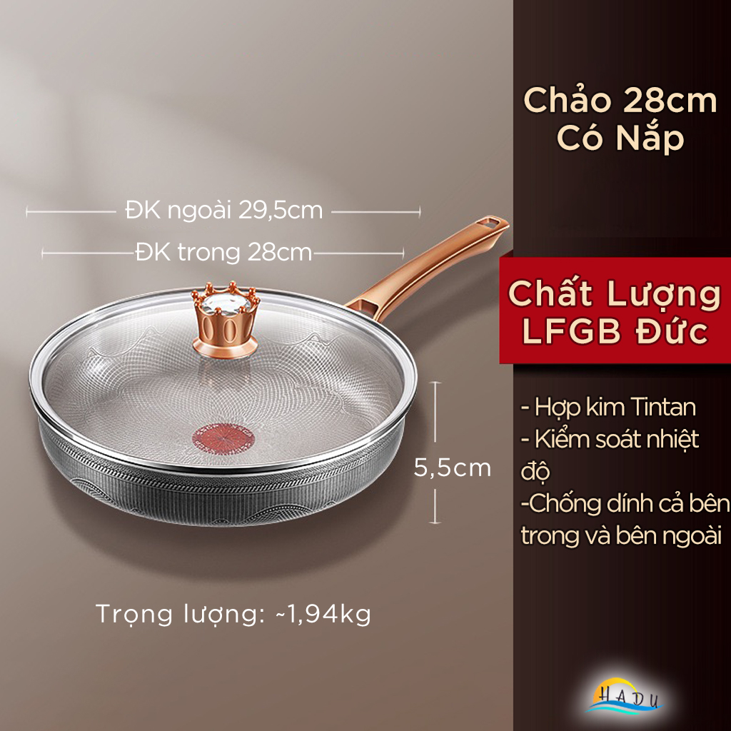 Chảo Chống Dính Cao Cấp Titanium – 24cm, 26cm, 28cm, Inox 304, Nắp Pha Lê Sang Trọng, Dùng Cho Bếp Từ SSGP