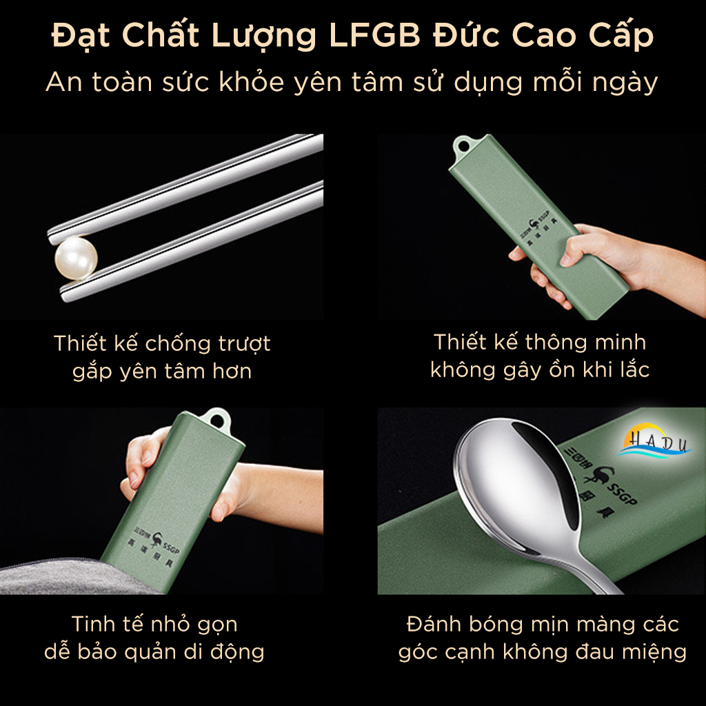 Bộ Thìa Dĩa Du Lịch SSGP Inox 316L, Kèm Hộp Đựng Màu Xanh, Kháng Khuẩn, Đạt Chất Lượng LFGB Đức