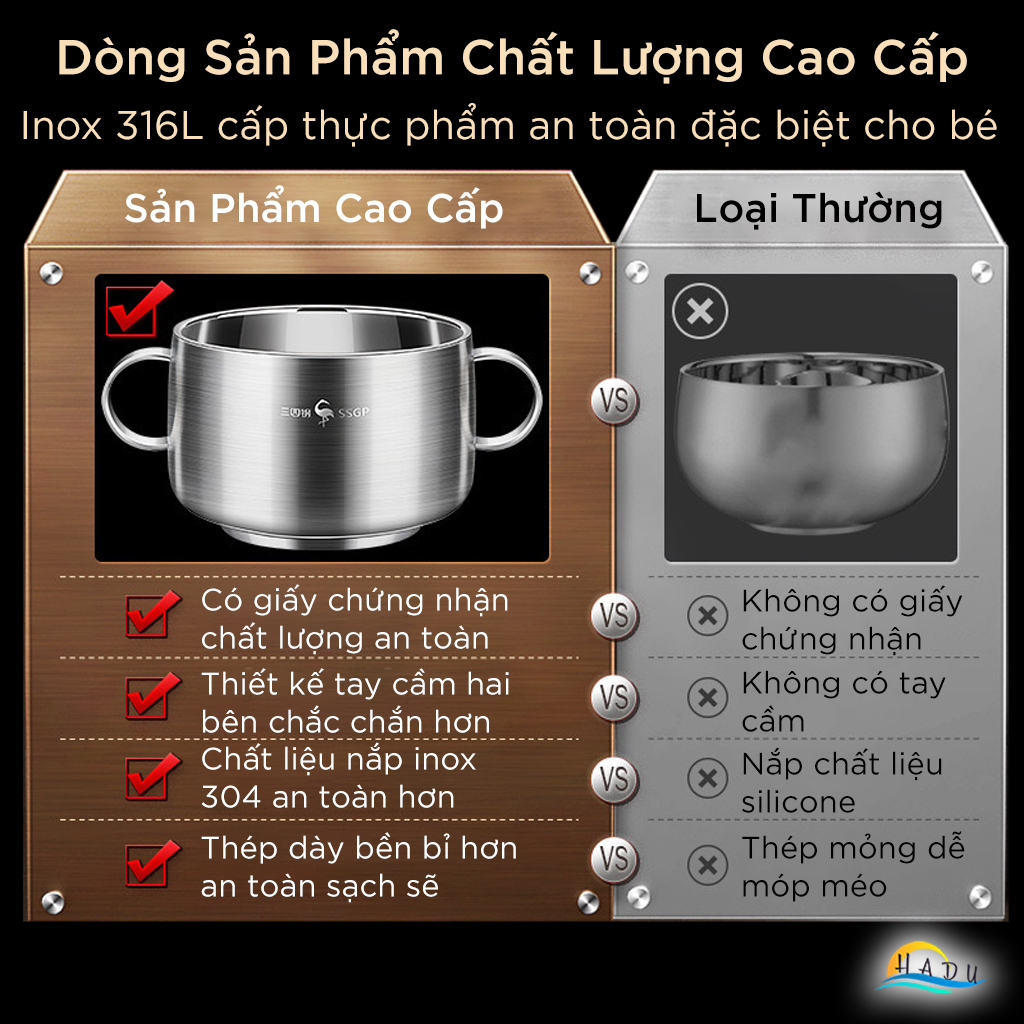 Bát Ăn Dặm Cho Bé SSGP Inox 316L, 2 Lớp Chống Nóng, Có Tay Cầm và Nắp, 11cm, Đạt Chất Lượng LFGB Đức