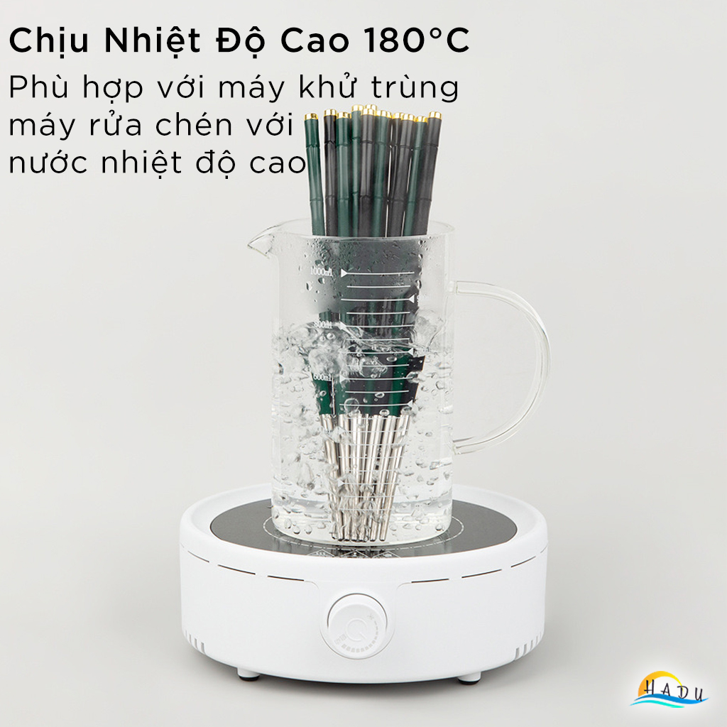 Bộ 10 Đôi Đũa Inox 304 HADU, Tay Cầm Chống Trượt, Kháng Khuẩn Ag+, Cách Nhiệt, 24.3cm