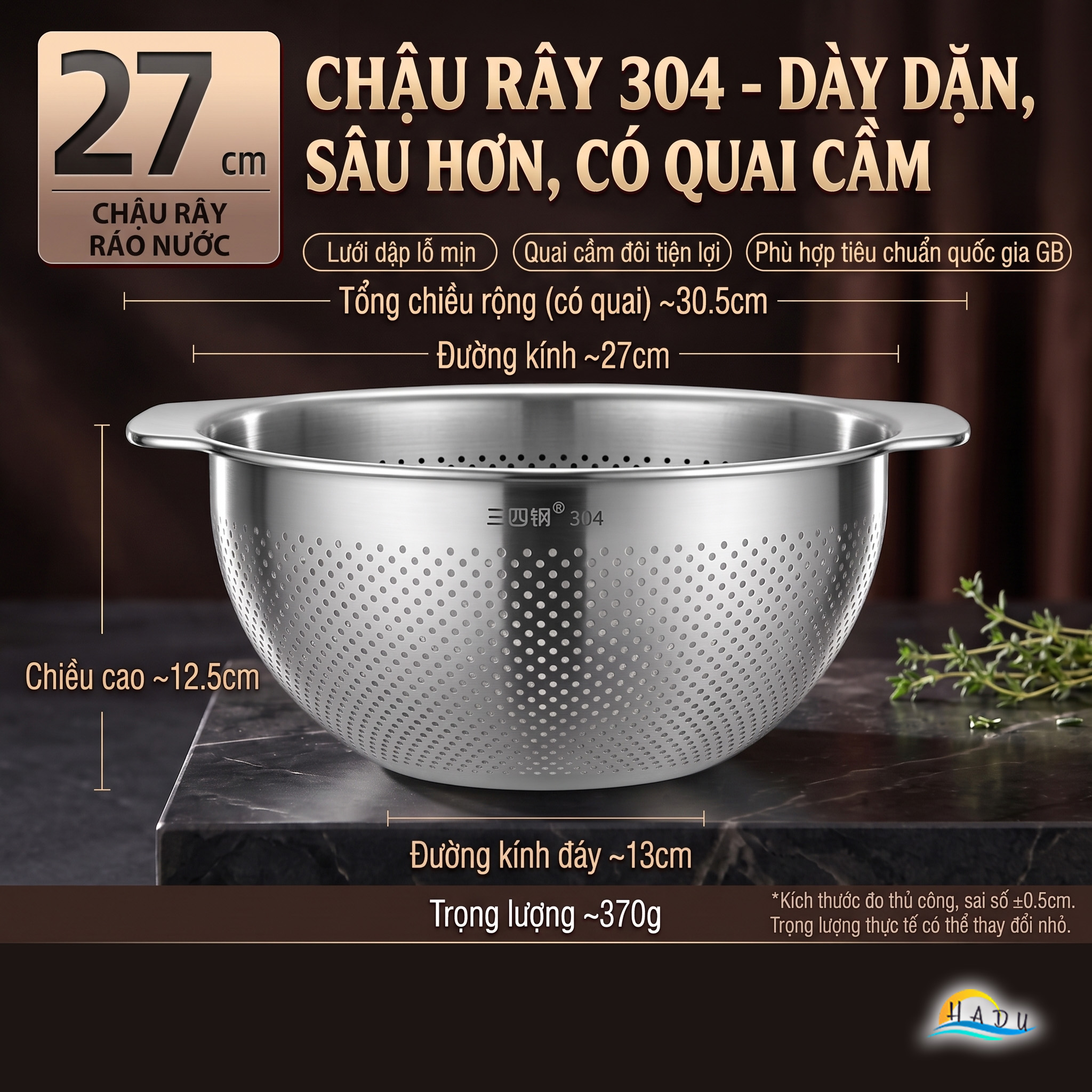 Bộ Rổ Chậu Thau Inox 304 Cao Cấp Dày Dặn Đa Năng Rửa Rau Vo Gạo Trộn Bột 25cm 27cm SSGP