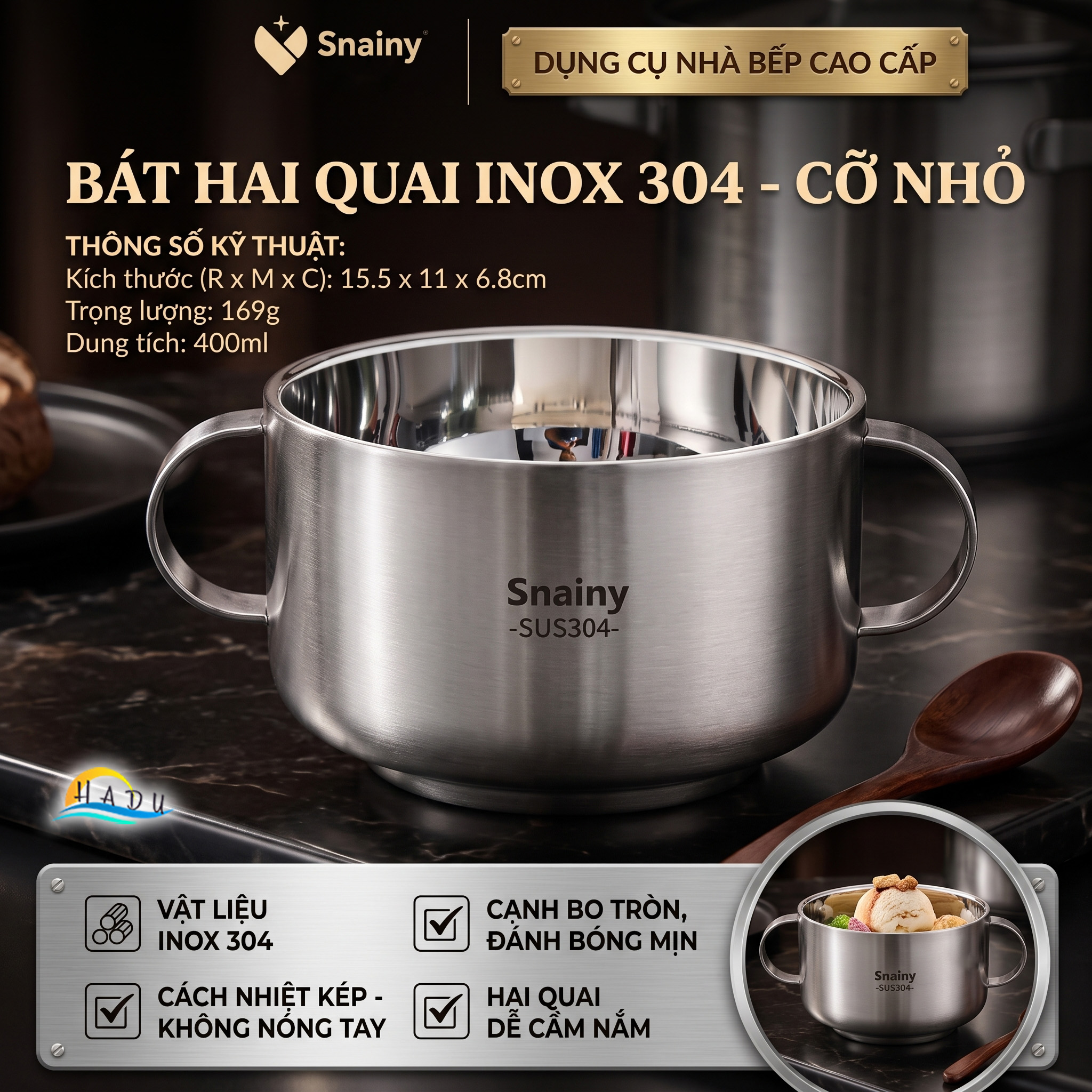 Bát Tô Chén Ăn Dặm Inox 304 Hai Quai Cách Nhiệt Chân Không Chống Nóng Cho Bé Snainy