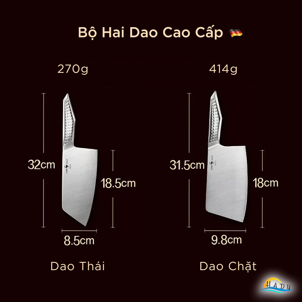 Bộ 2 Dao Bếp SSGP Thép 40Cr13, Gồm Dao Chặt và Dao Thái, Đạt Chất Lượng LFGB Đức