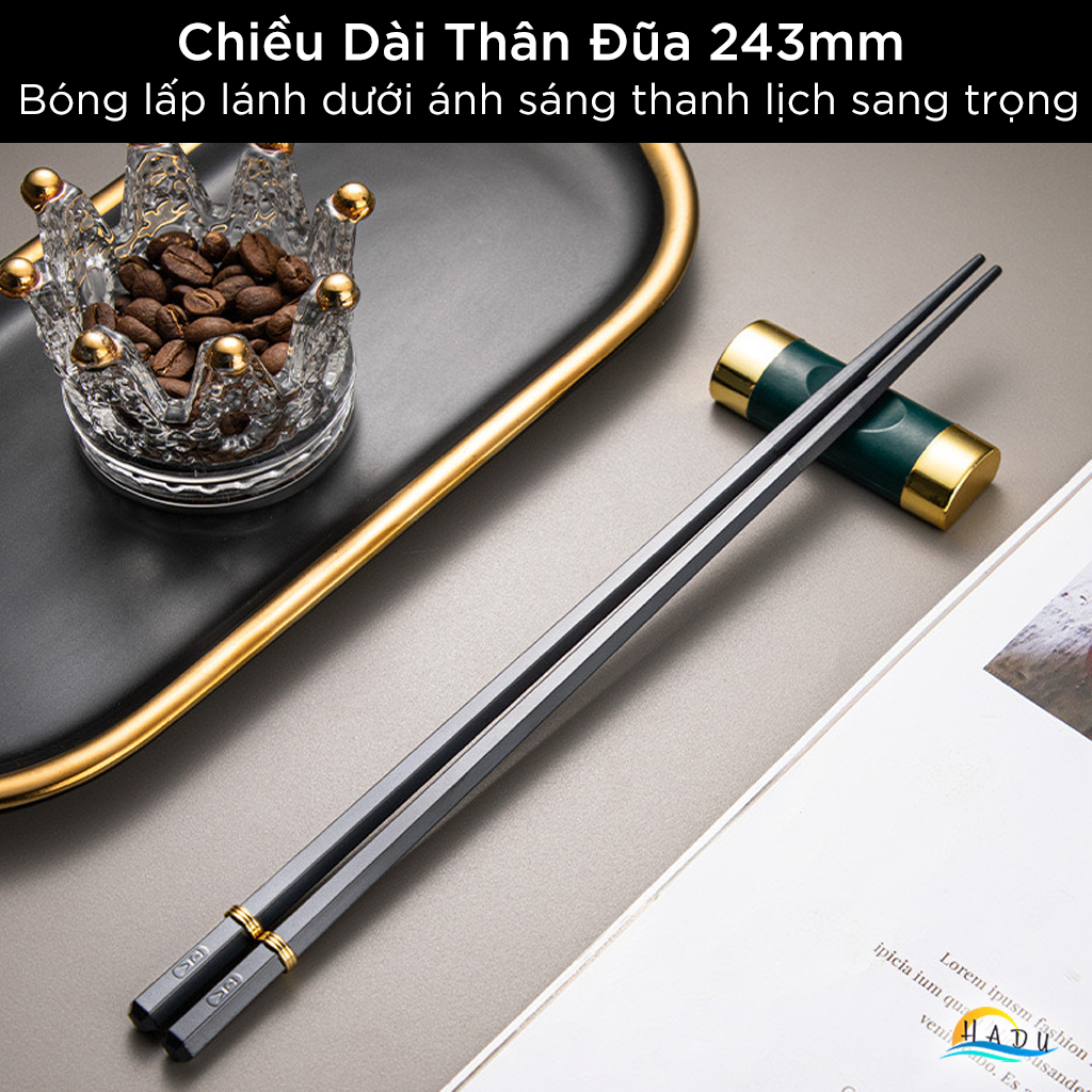 Đũa Ăn Cơm Kiểu Nhật Bản Cao Cấp HADU - Màu Đen Sang Trọng, Viền Kim Loại "King Of Ring", Chống Mốc, Chịu Nhiệt 120°C
