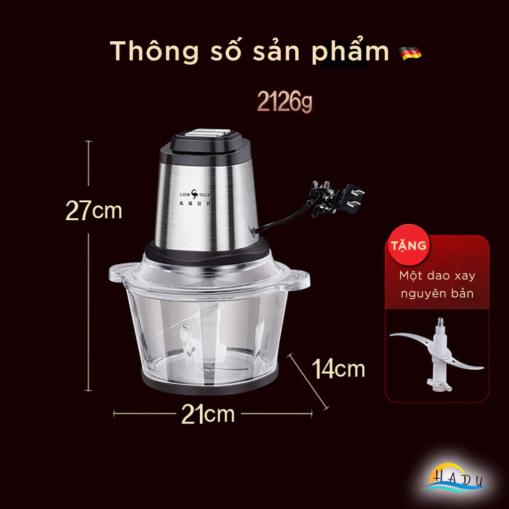 Máy Xay Thịt Cầm Tay Inox 304 Cao Cấp – Dung Tích 2L, Công Suất 400W, Lưỡi Dao Sắc Bén, An Toàn Sức Khỏe SSGP