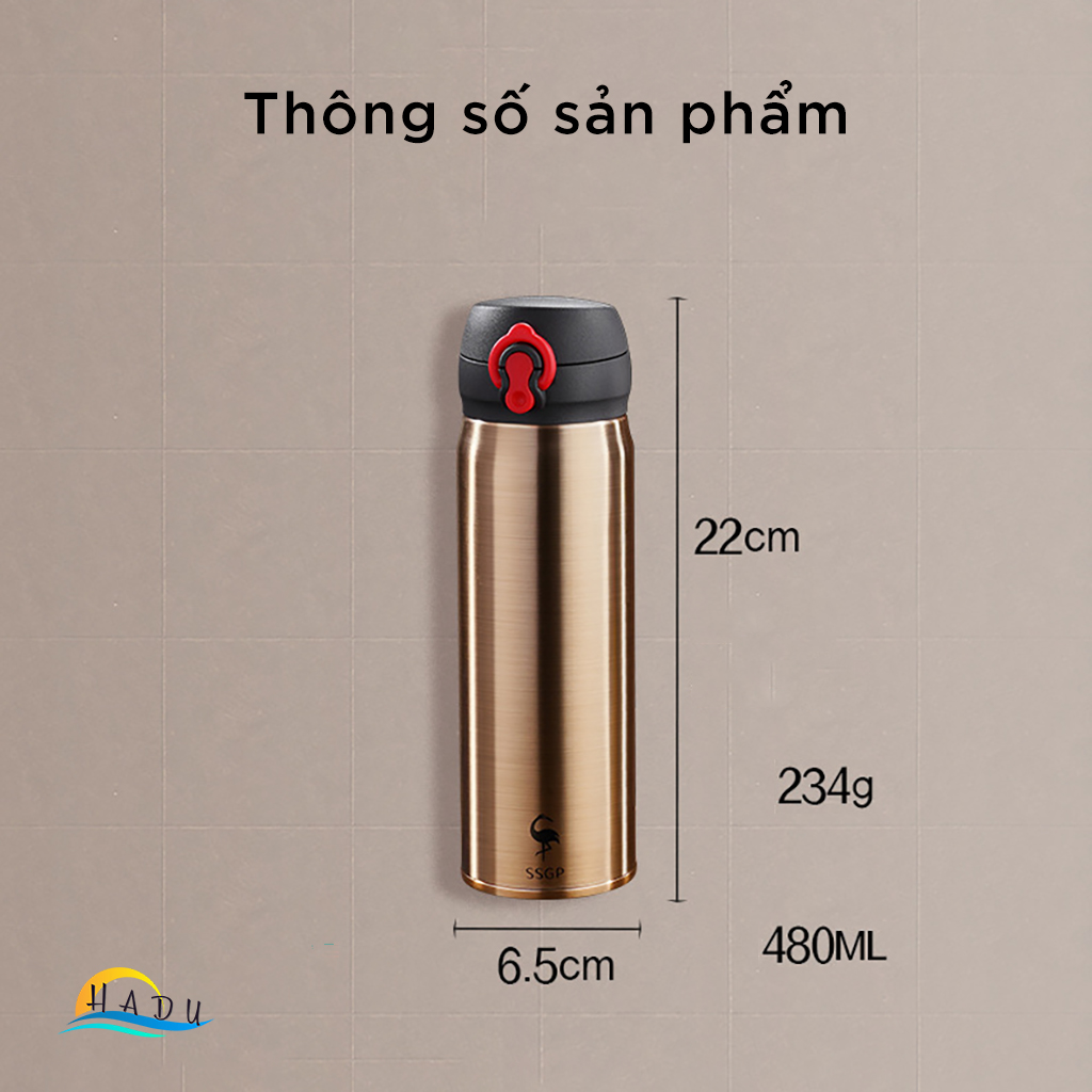Bình Giữ Nhiệt Inox 316 Cao Cấp 480ml, Giữ Nhiệt 24h, Nắp Khóa 3 Lớp An Toàn, Kiểu Nhật Bản, Màu Vàng Đồng SSGP