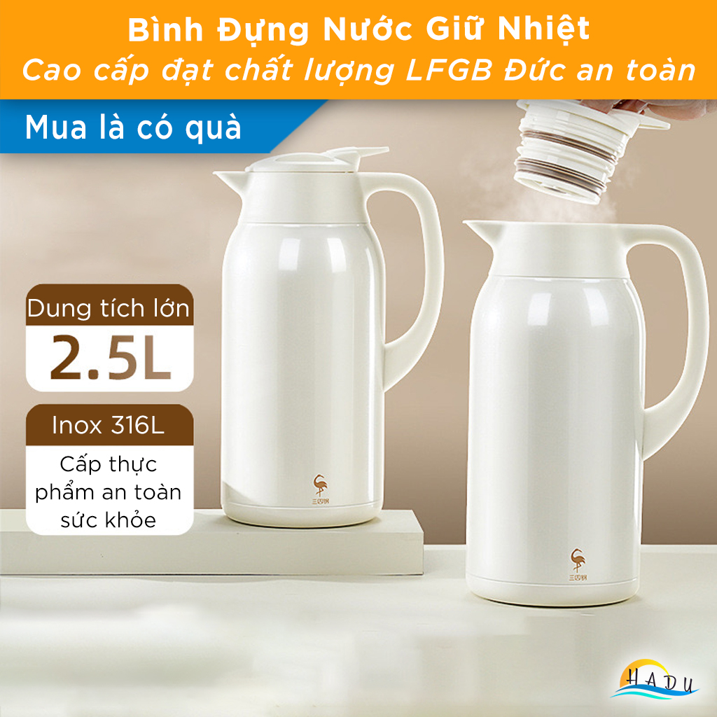 Bình Giữ Nhiệt Inox 316 Cao Cấp – 2,5 Lít, Khóa Nhiệt 3 Tầng, Vòi Rót Chữ V, Chống Trượt, An Toàn Cho Sức Khỏe SSGP
